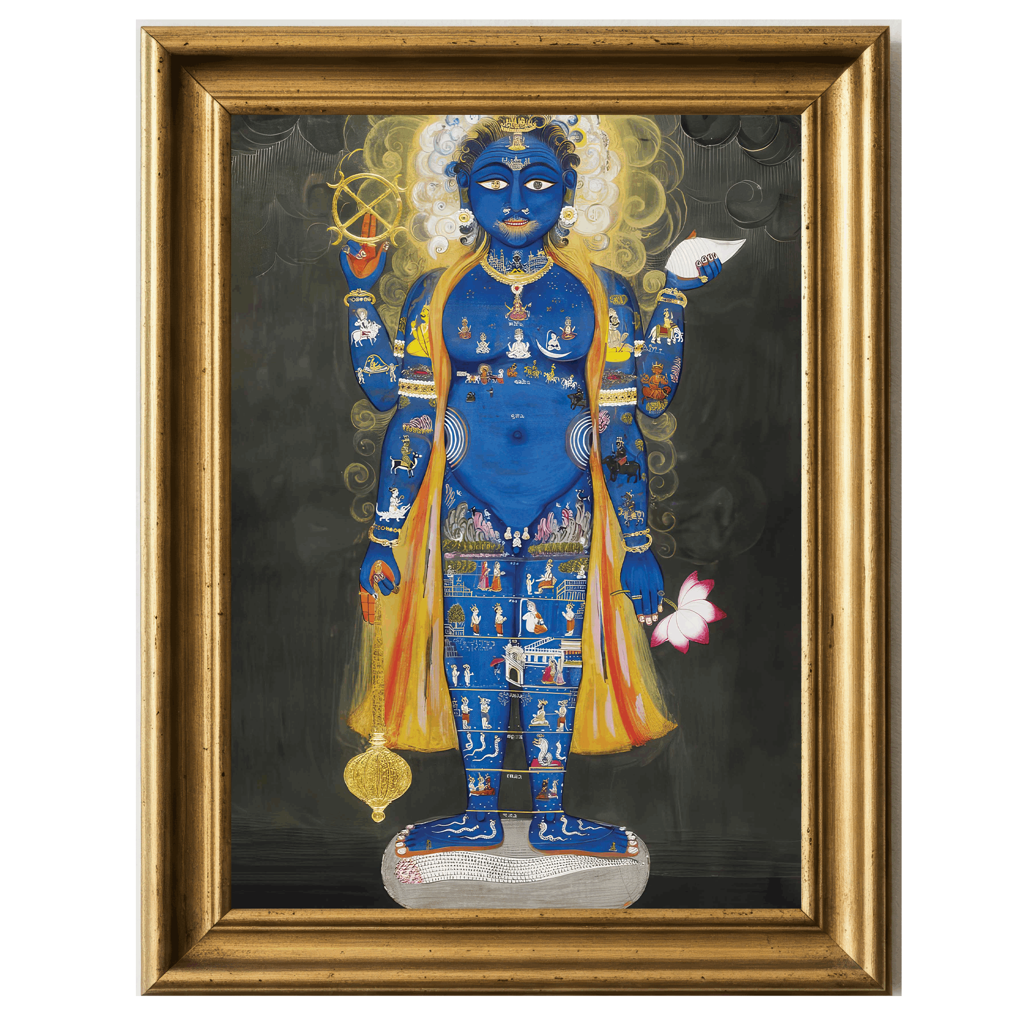 Blue cosmic Vishnu with detailed miniature scenes across his body