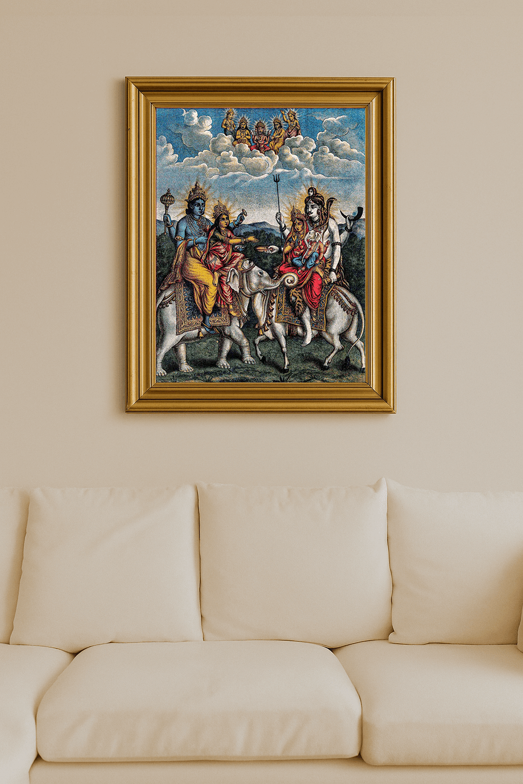 Vishnu and Lakshmi meet Shiva, Parvati, and Ganesha on sacred mounts