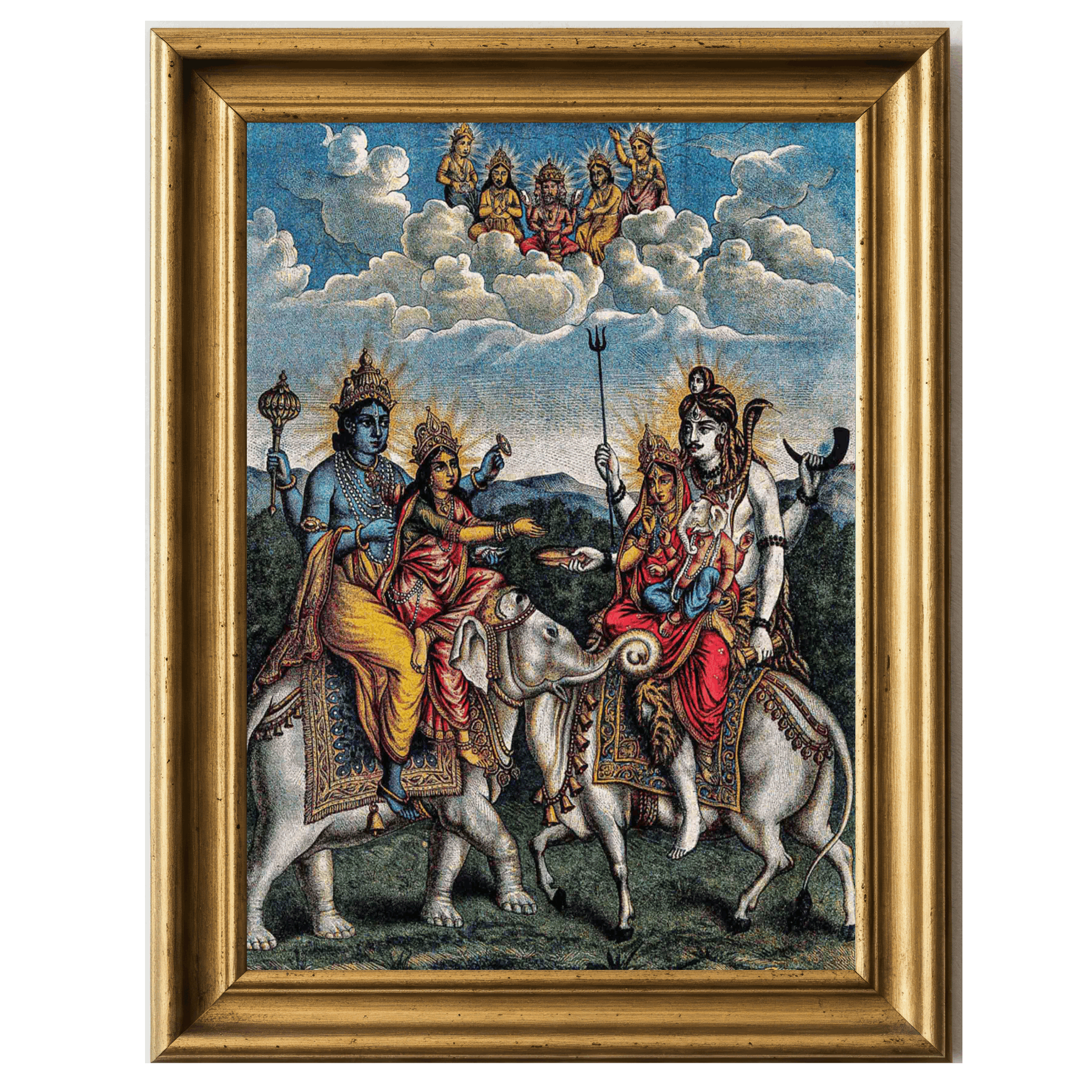 Vishnu and Lakshmi meet Shiva, Parvati, and Ganesha on sacred mounts