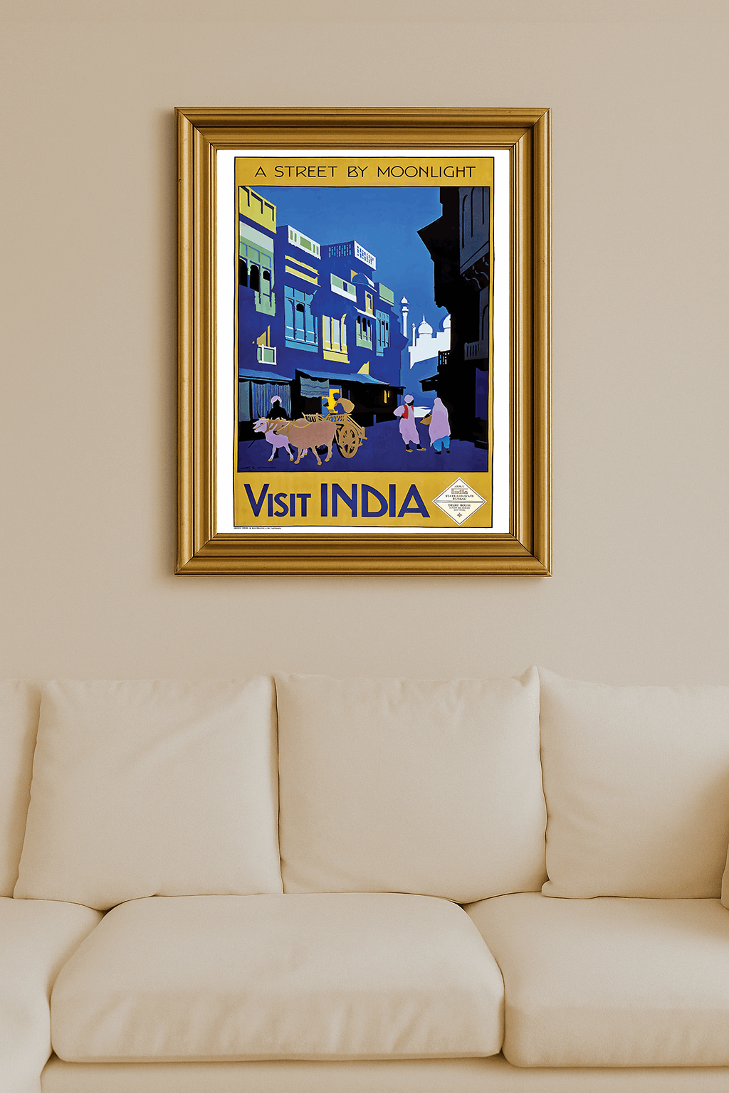 Vintage travel poster of an Indian street by moonlight with travelers and bulls