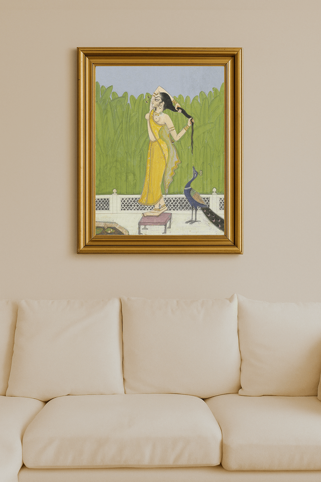 Woman in yellow sari drying hair with peacock watching