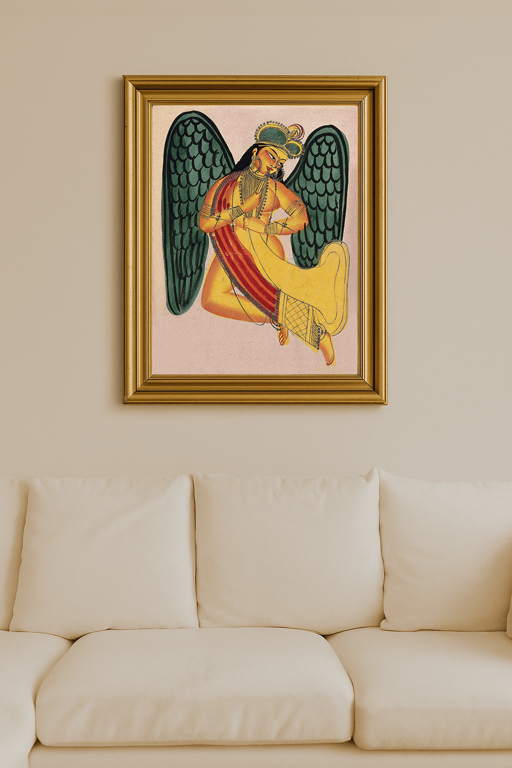 Winged apsara figure with green wings and a horn in hand, adorned in divine ornaments