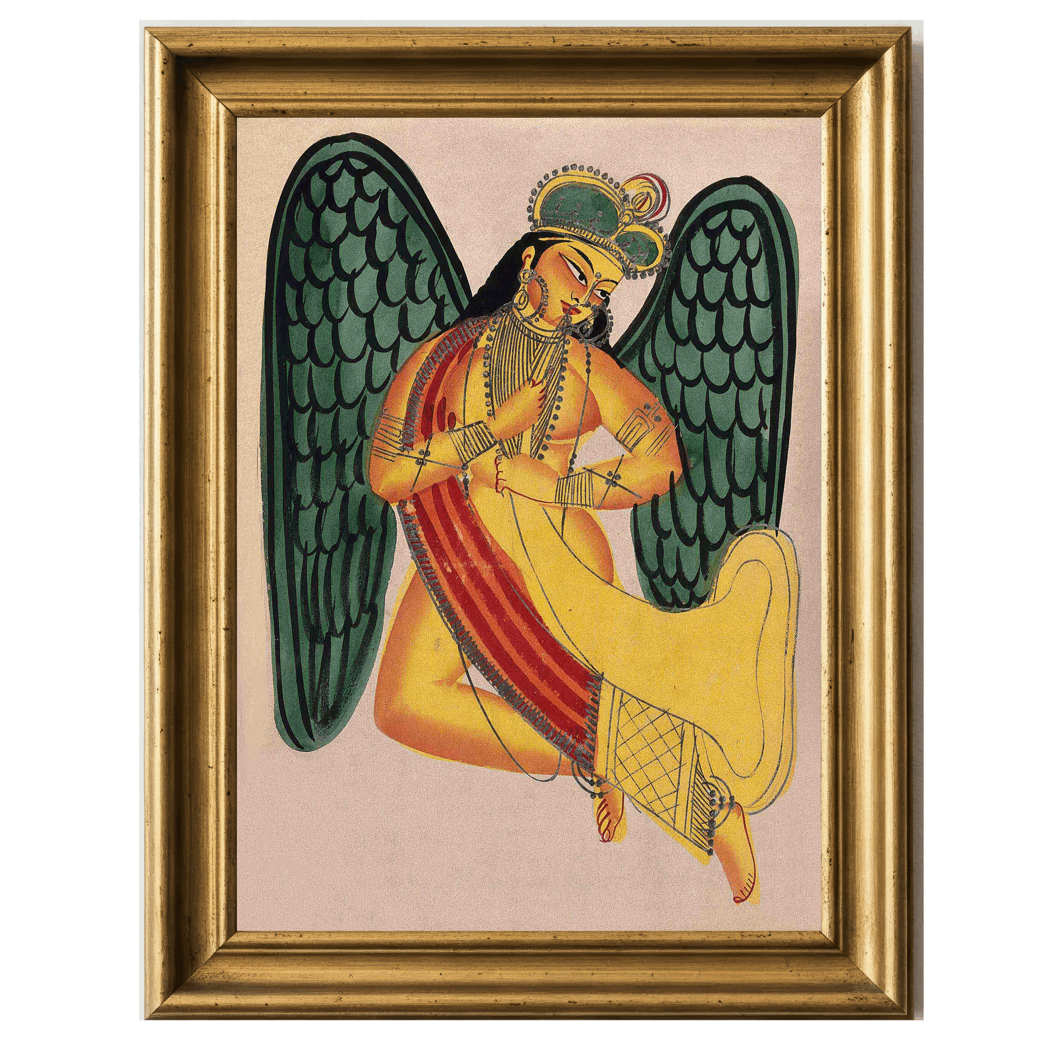 Winged apsara figure with green wings and a horn in hand, adorned in divine ornaments