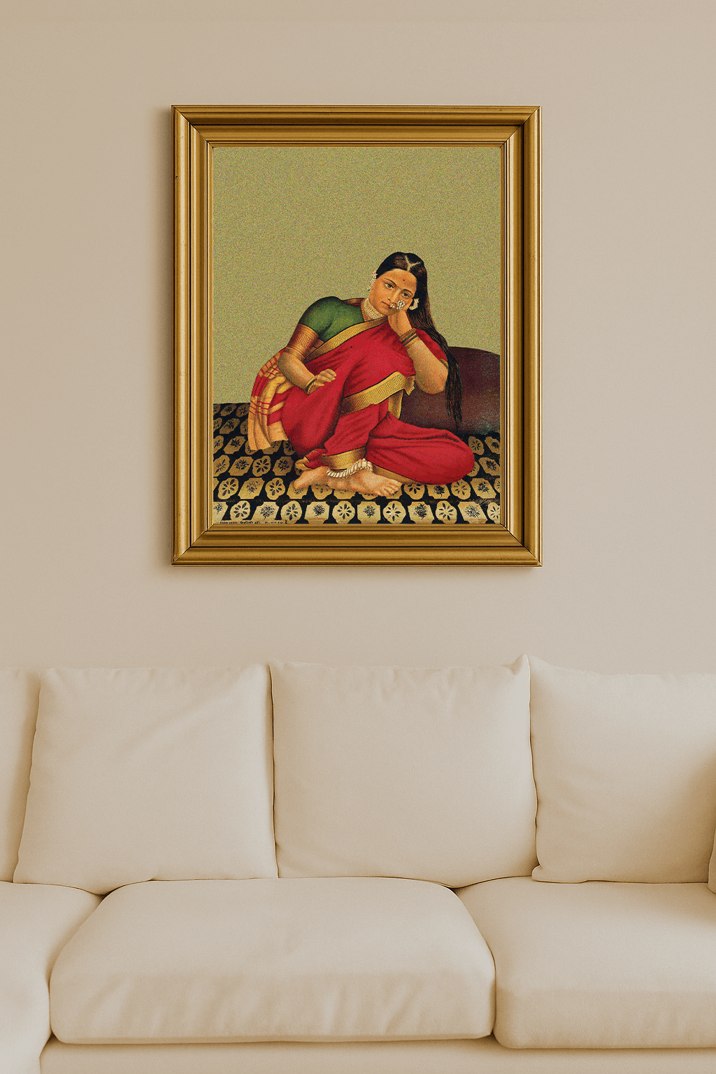 Woman in red sari sitting thoughtfully on patterned floor