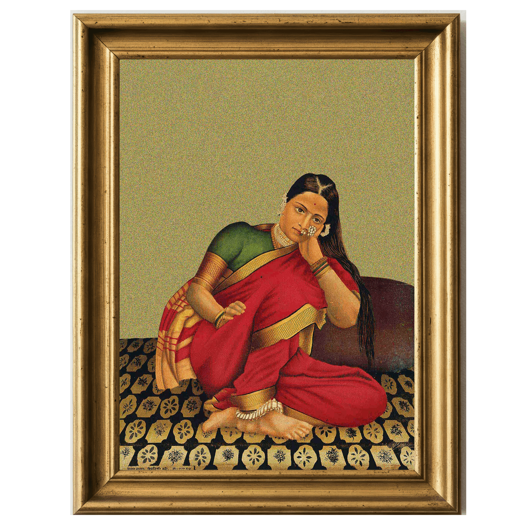 Woman in red sari sitting thoughtfully on patterned floor
