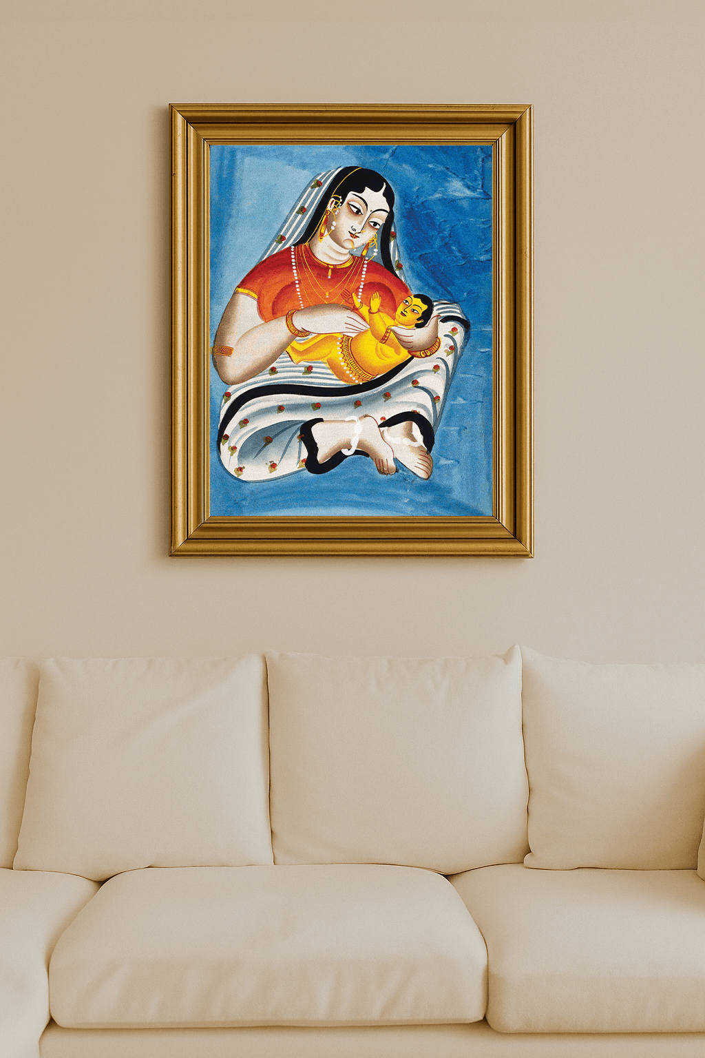 Mother in red blouse nursing a child, set against blue backdrop