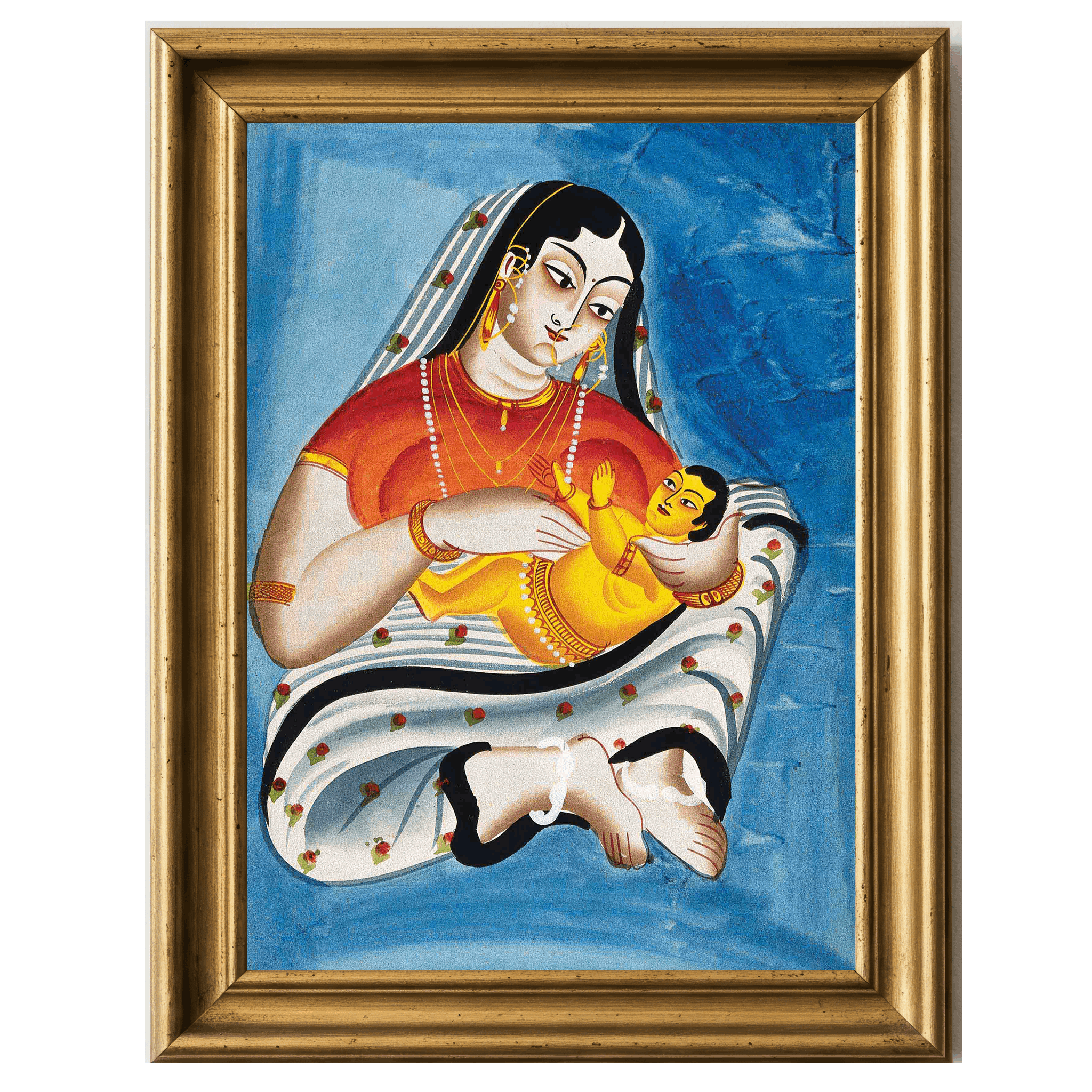 Mother in red blouse nursing a child, set against blue backdrop