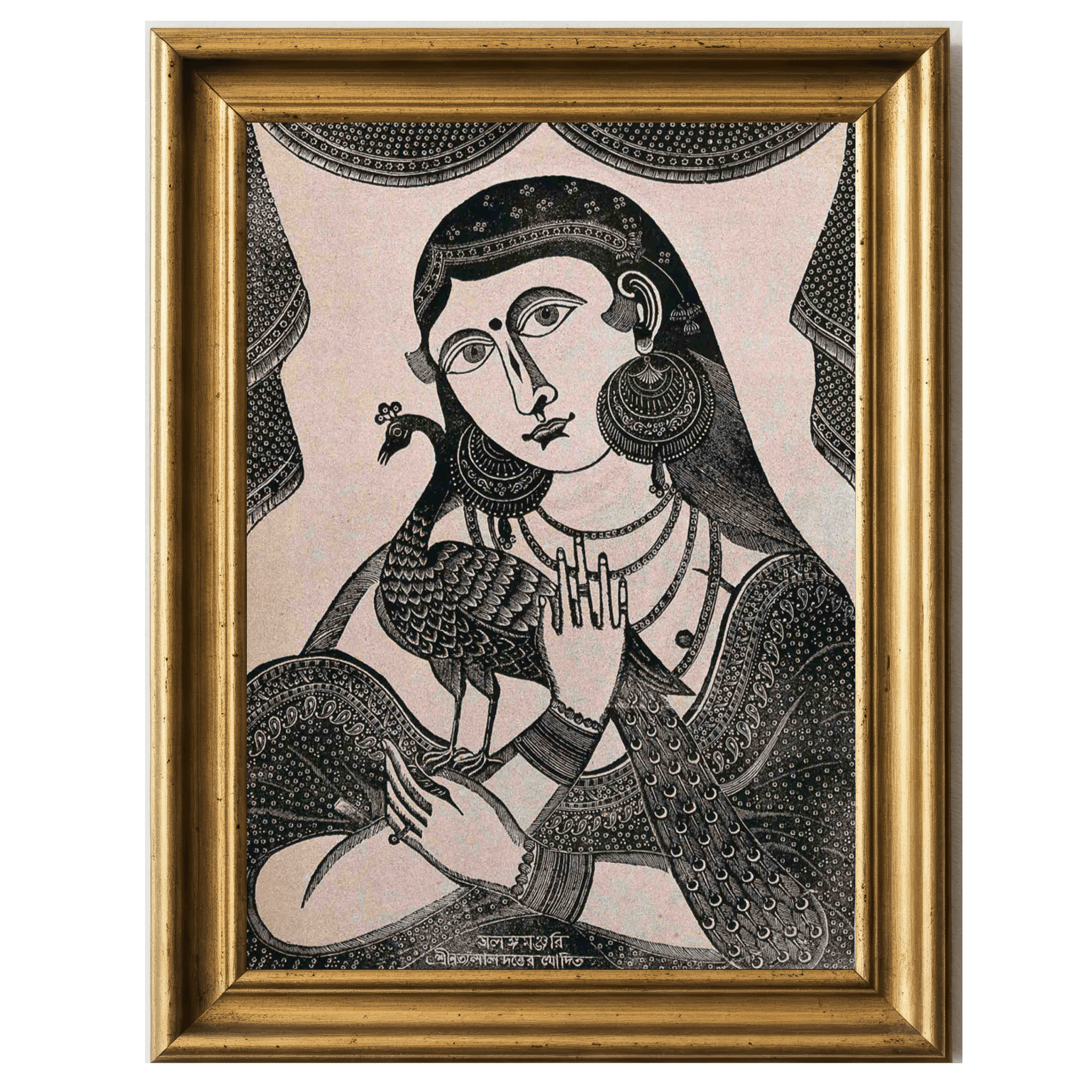 Black and white drawing of woman holding a peacock close to her face