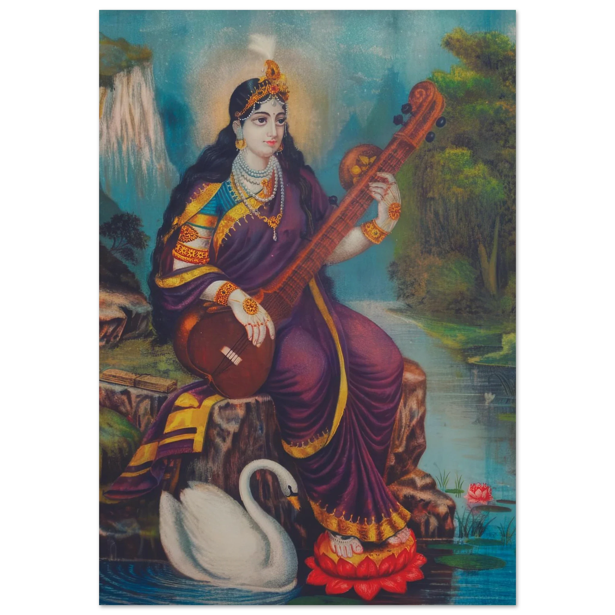 A painted depiction of the Hindu goddess Saraswati seated on a hamsa across a lotus pond, playing a vina, surrounded by a serene landscape.