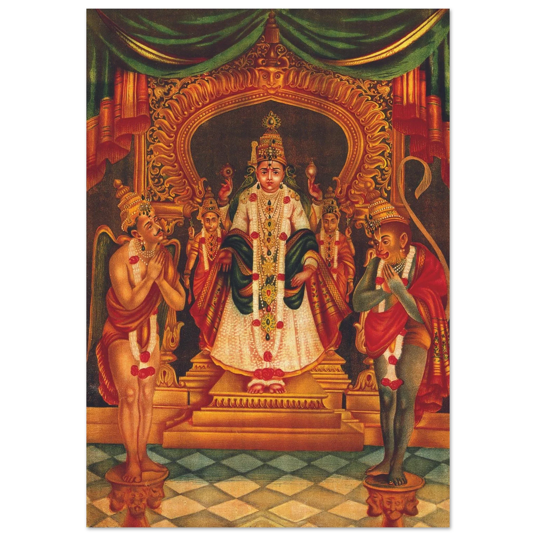 Vishnu seated in a golden throne with Garuda and Hanuman worshipping