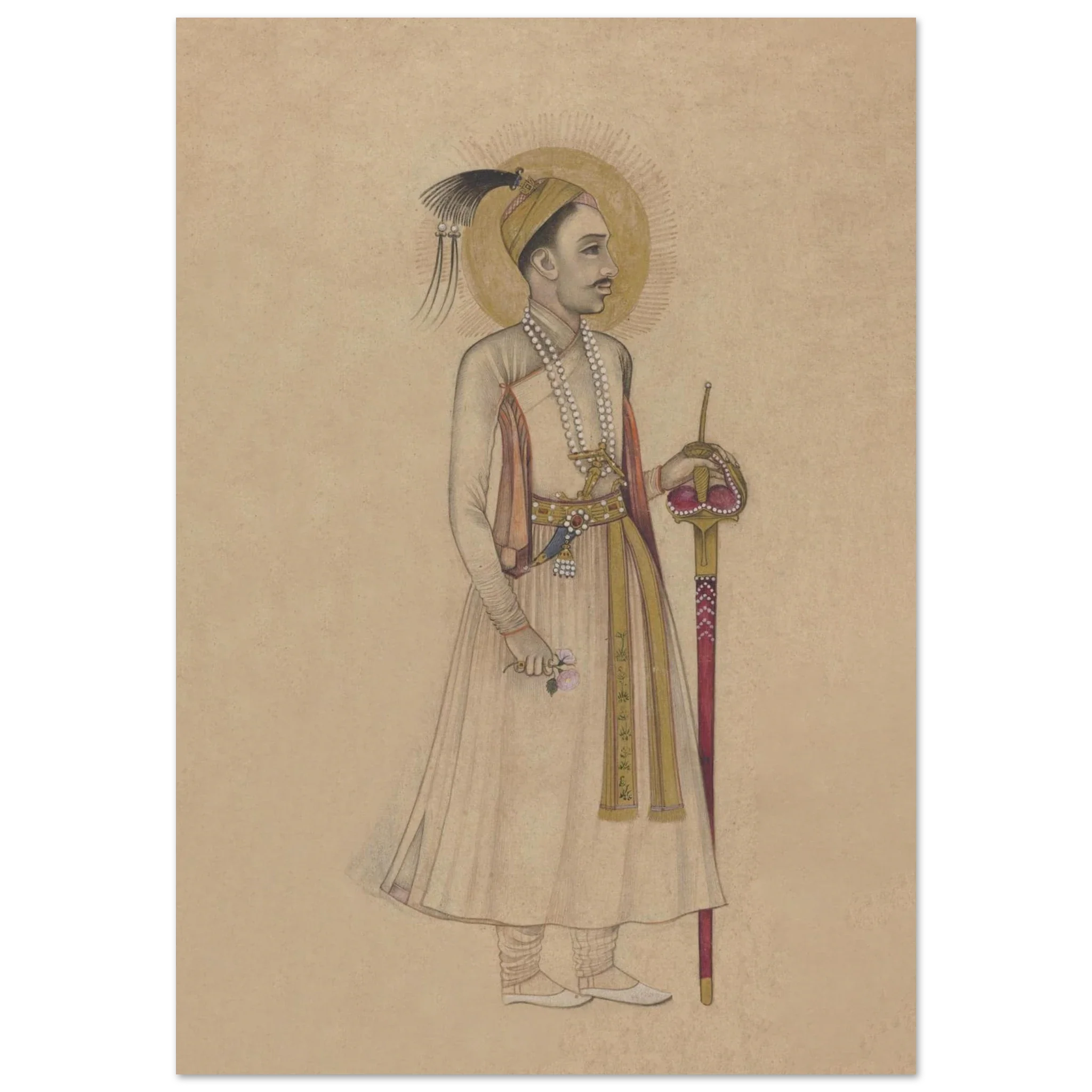 Persian miniature portrait of Sultan Muhammad-Quli Qutb Shah holding a rose and sword, haloed and elegant