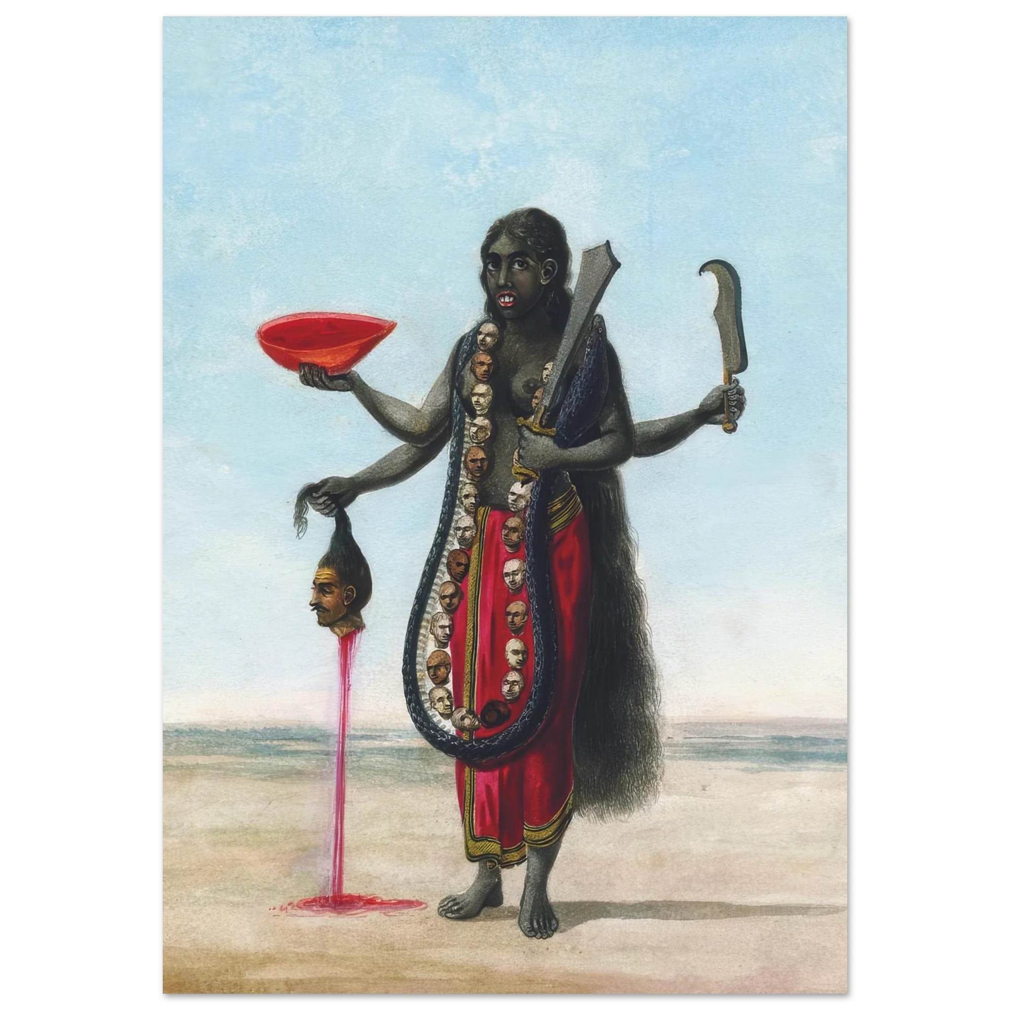 Kalaratri holding a severed head, red bowl, weapons, and wearing a garland of heads