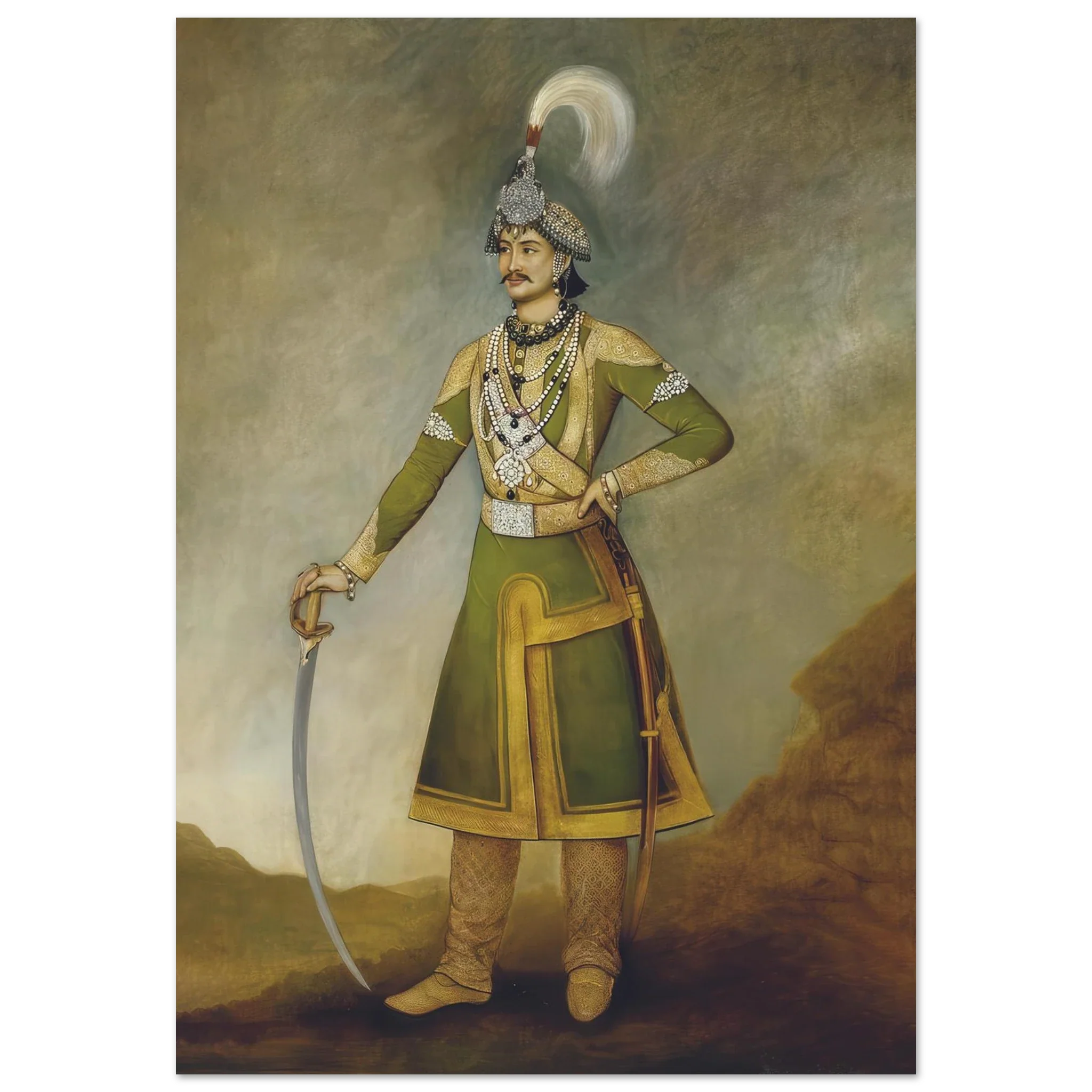 Portrait of Jang Bahadur Rana in green and gold attire with sword, painted by Bhajuman Chitrakar, 1849.