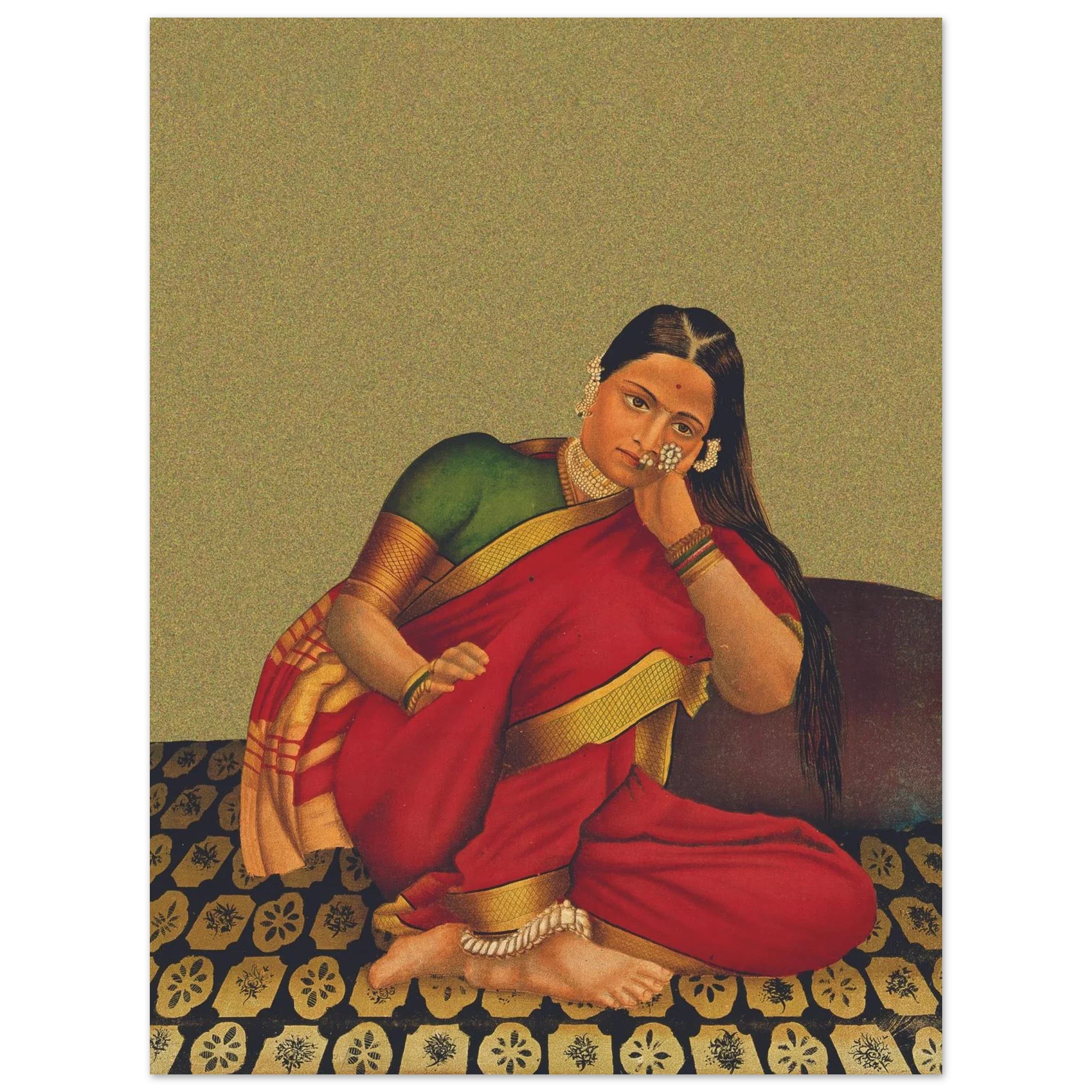 Woman in red sari sitting thoughtfully on patterned floor