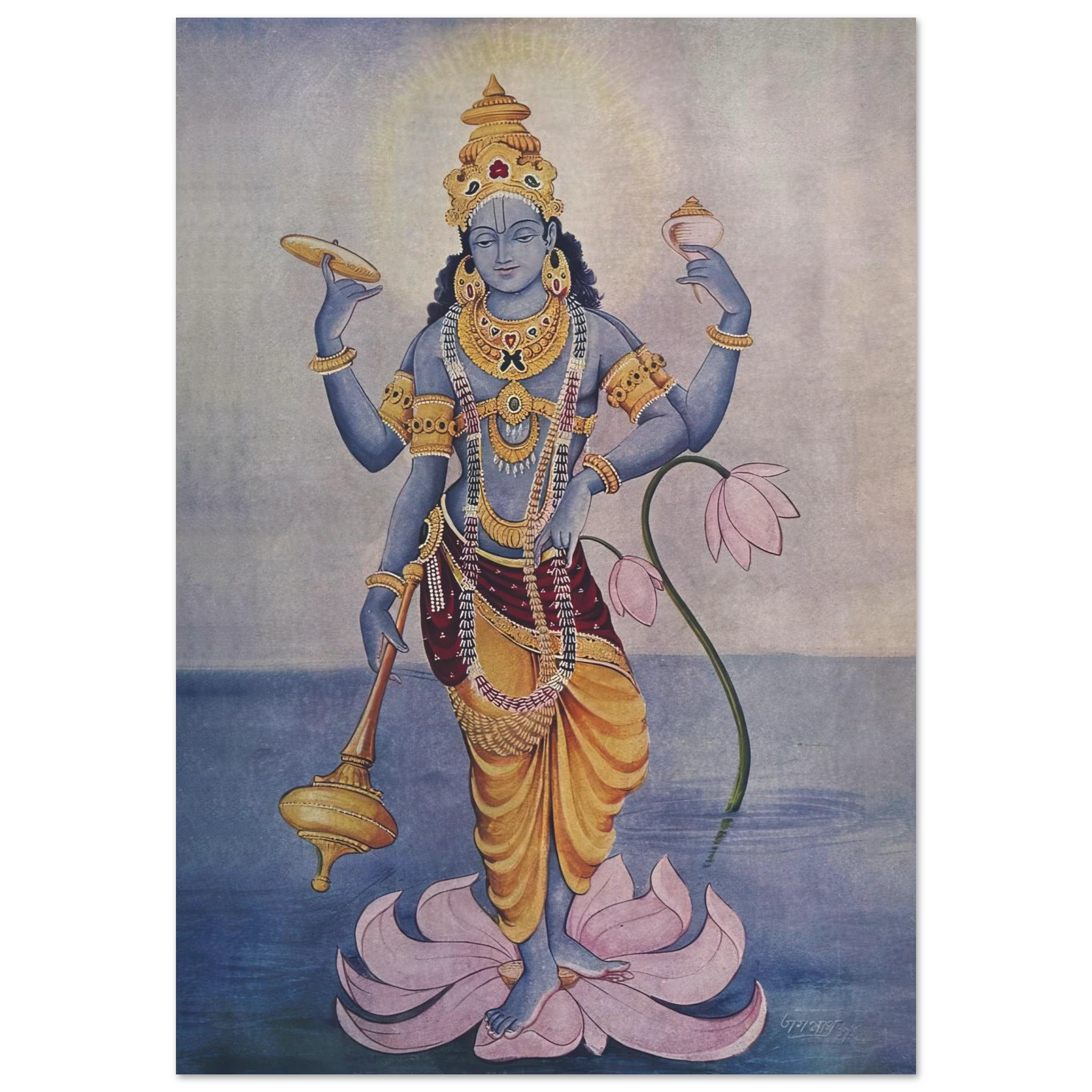 Lord Vishnu with four arms standing on a lotus, holding conch, discus, mace, and lotus flower.