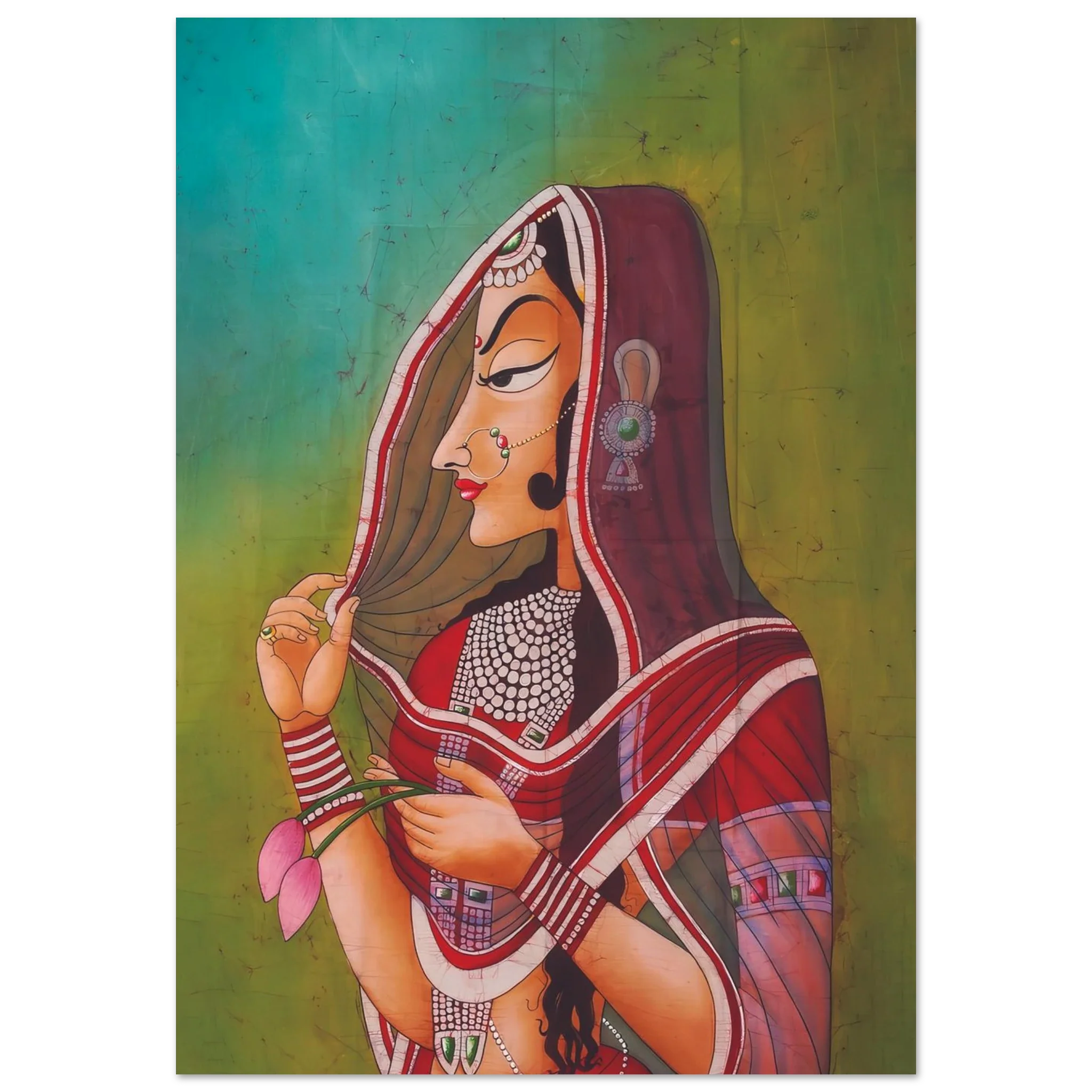 Traditional Indian woman in red saree holding lotus flowers, eyes closed in contemplation against a green background.