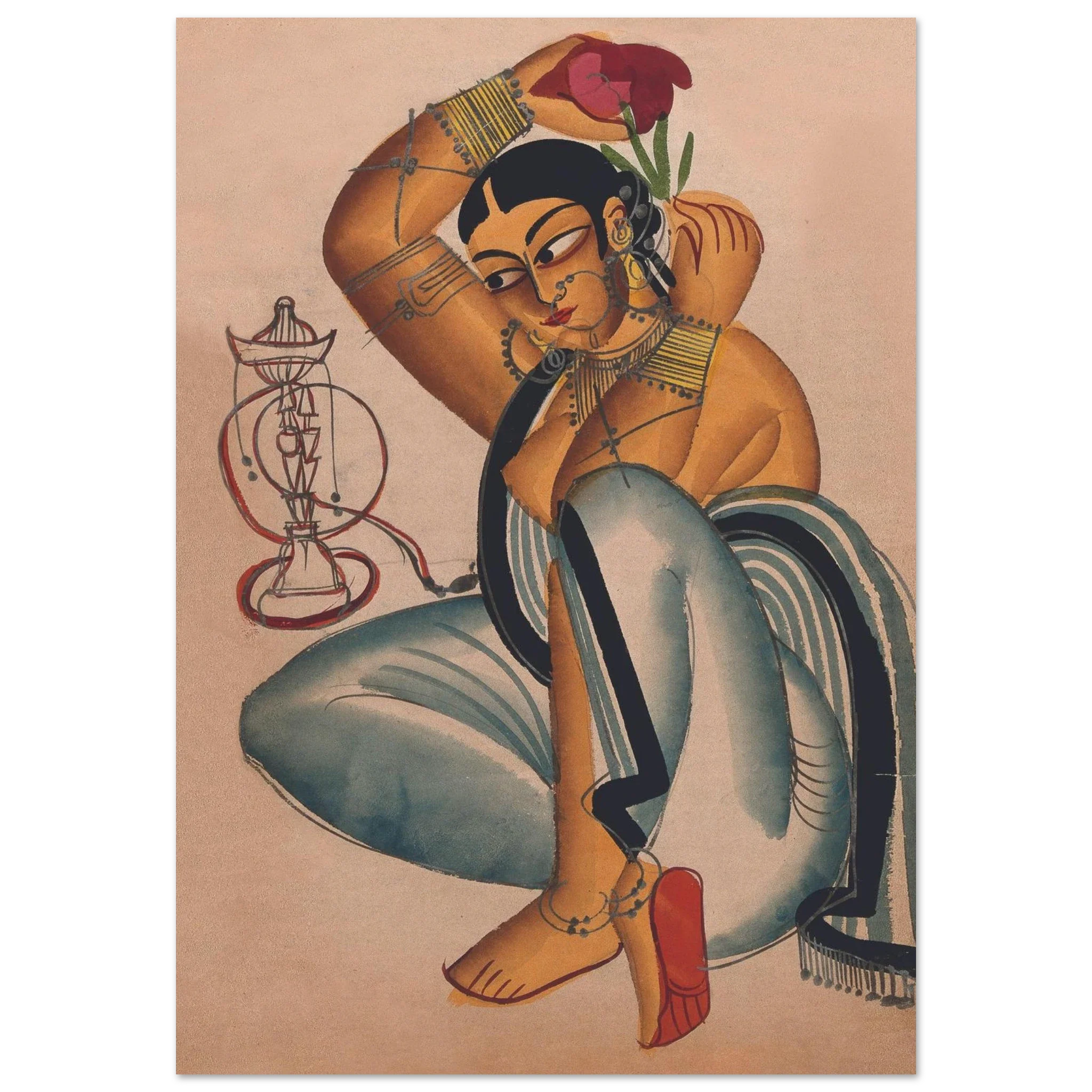 Courtesan holding a red flower with jewelry and graceful pose