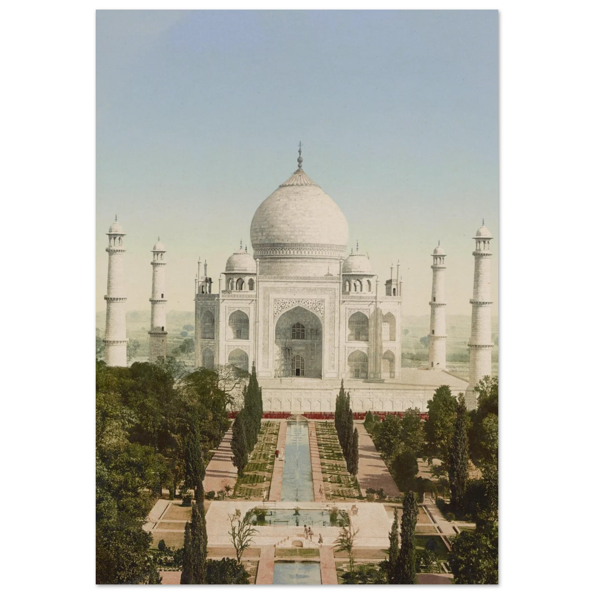 Vintage print of the Taj Mahal with reflecting pool and surrounding gardens in Agra, India
