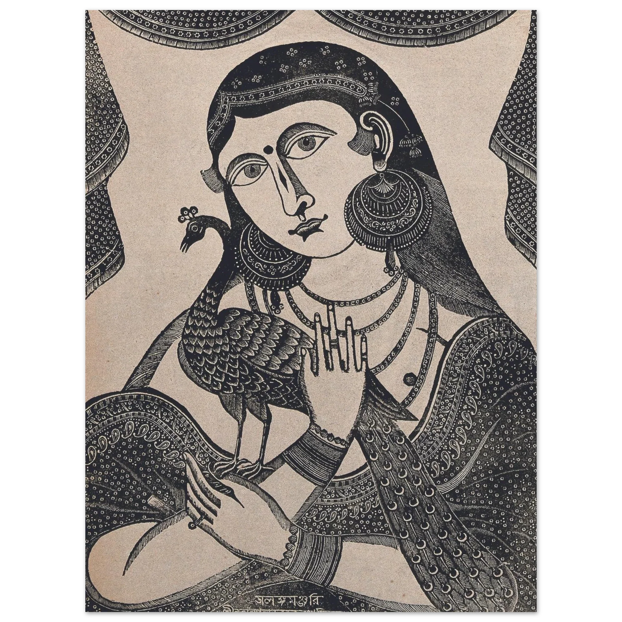 Black and white drawing of woman holding a peacock close to her face