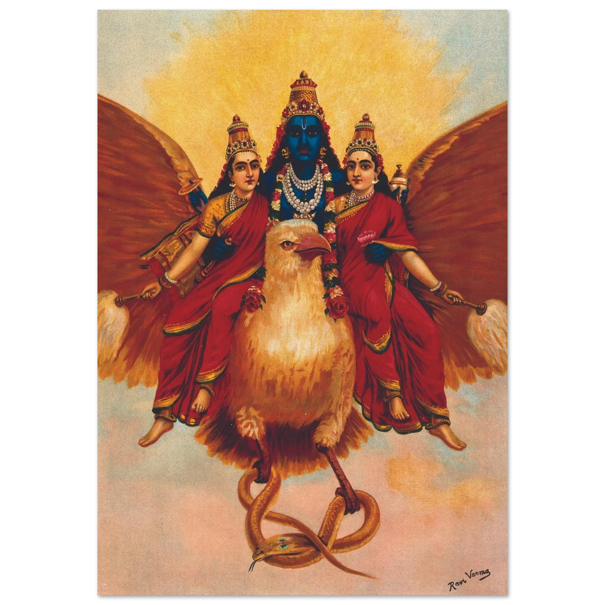 Vishnu with two goddesses riding Garuda across the sky