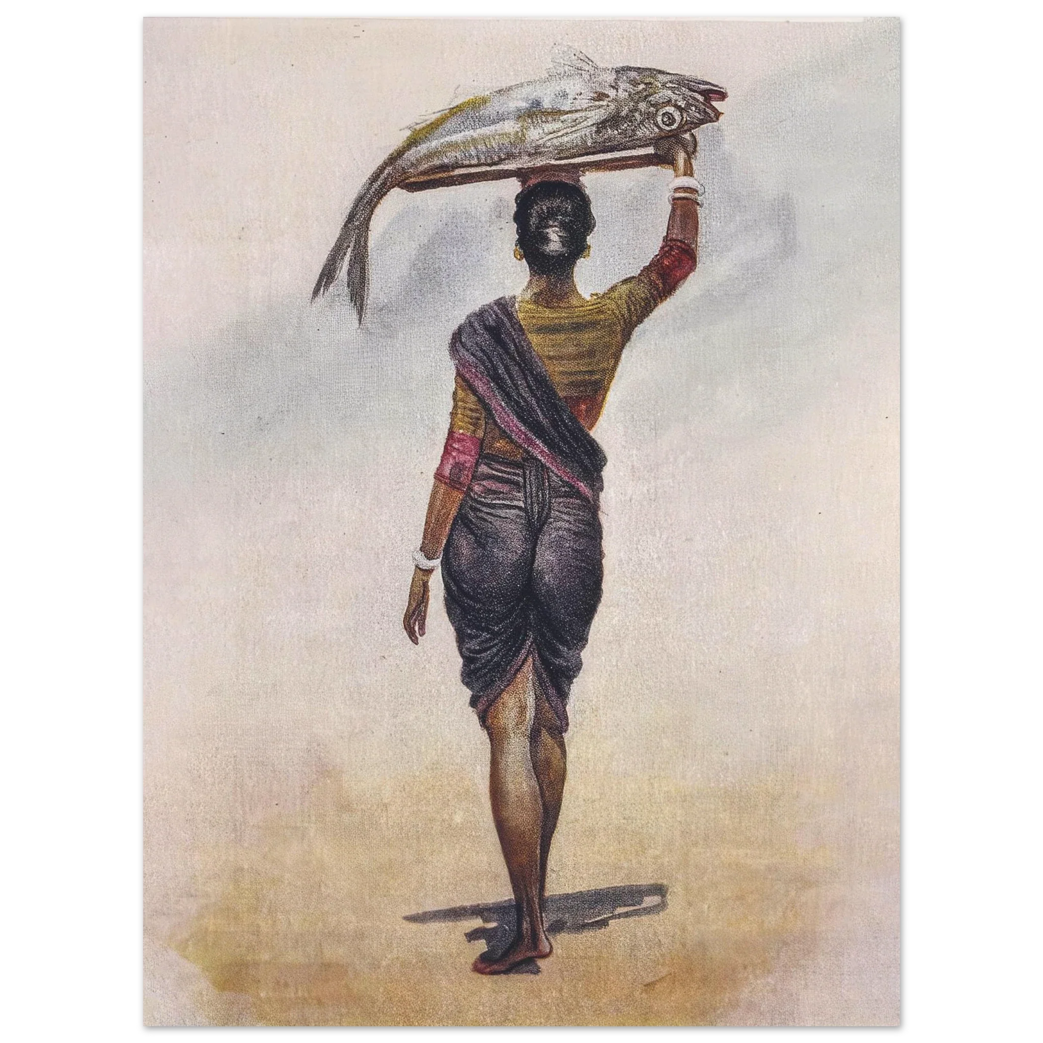 Woman carrying a large fish on her head