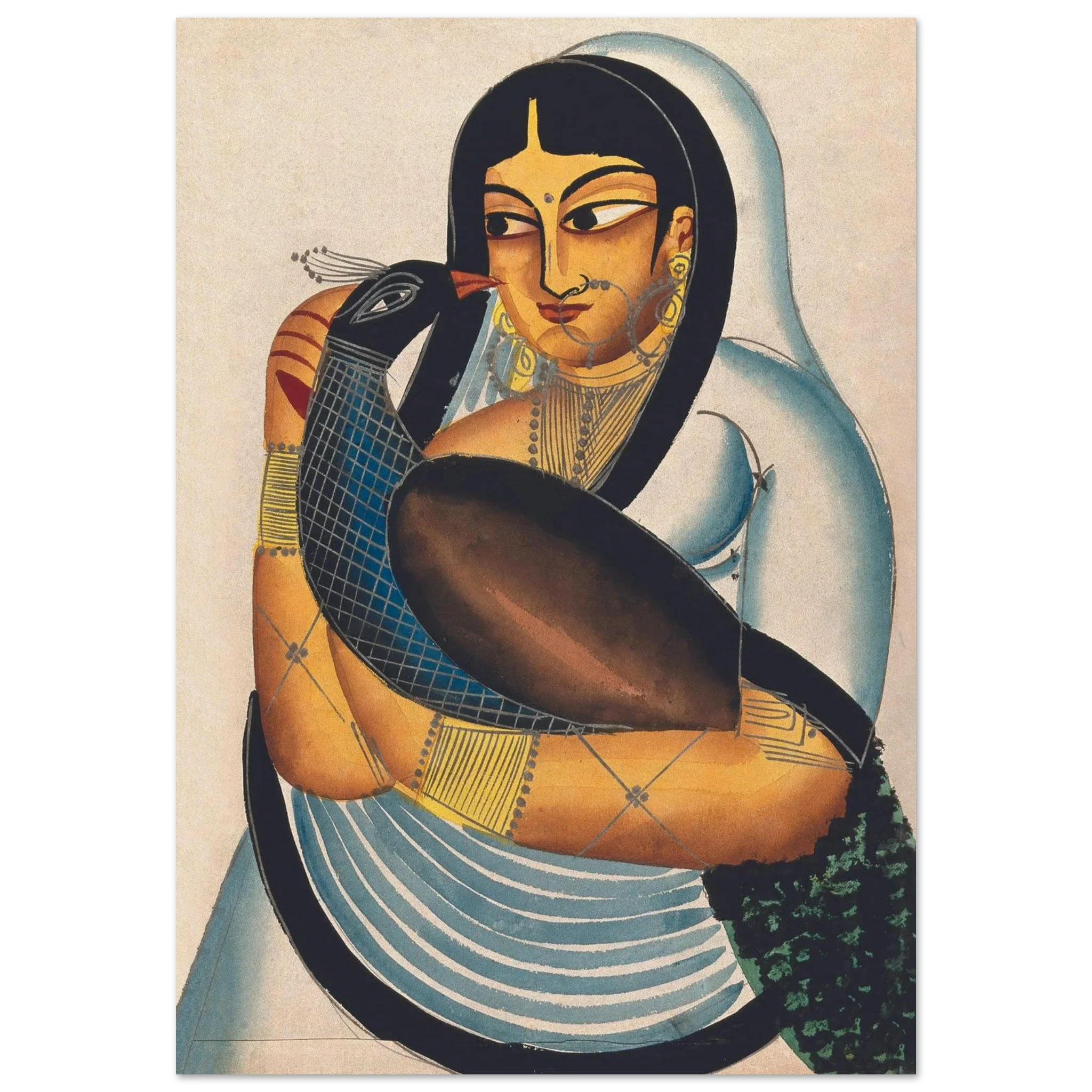 Courtesan holding a peacock in an intimate embrace