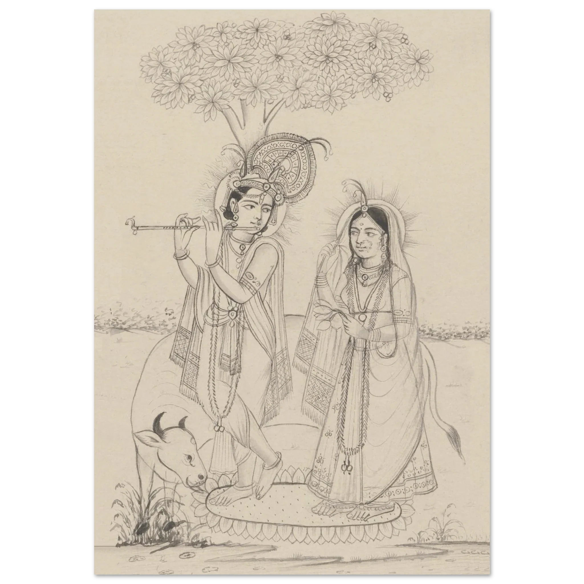 Sketch of Krishna and Radha under a tree, Krishna playing flute while Radha listens