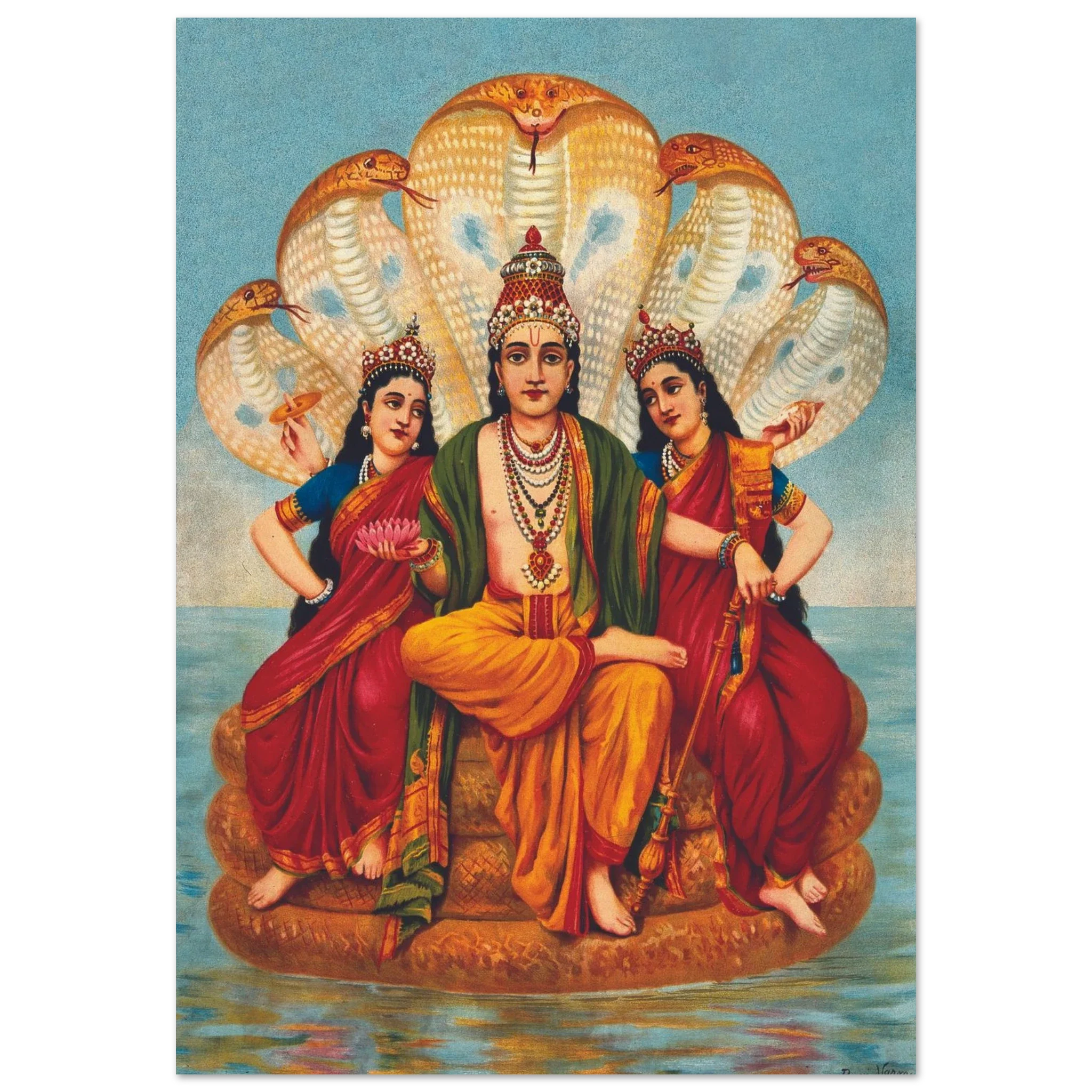 Vishnu seated on a serpent with two goddesses, surrounded by ocean