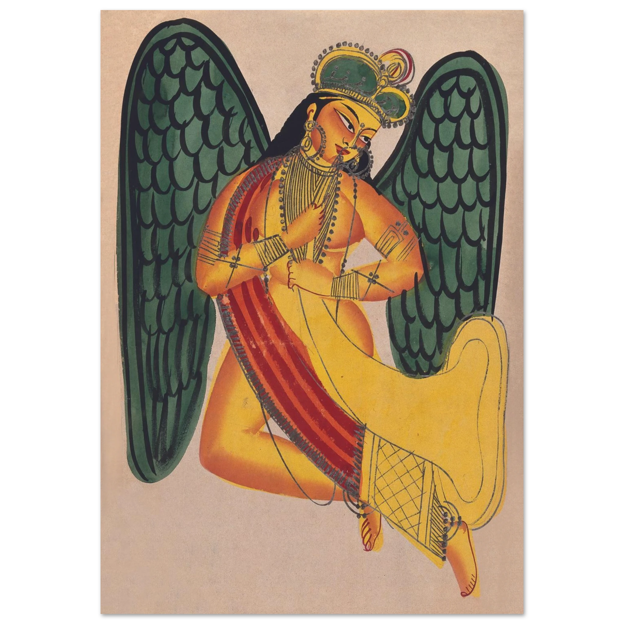 Winged apsara figure with green wings and a horn in hand, adorned in divine ornaments