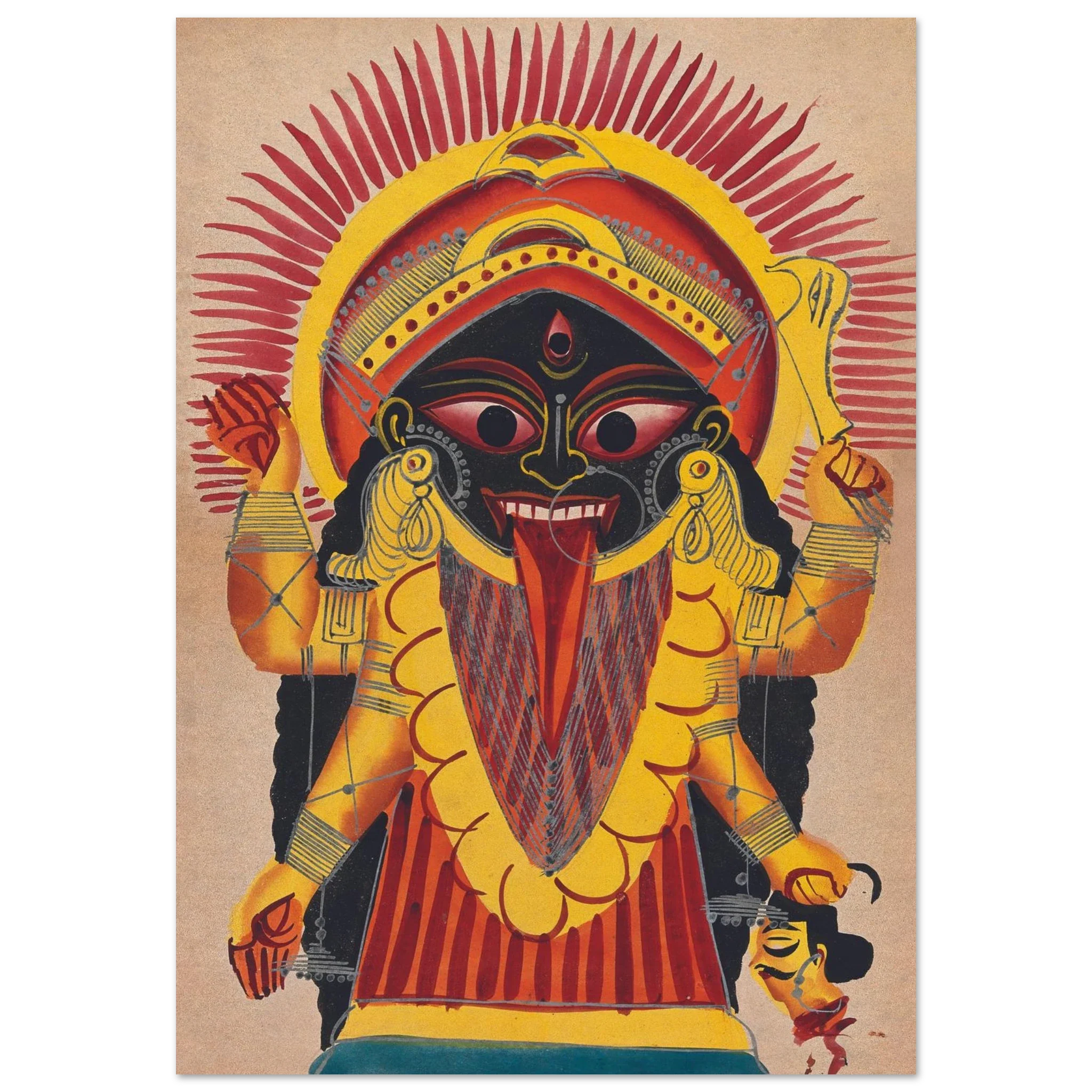 A colorful image of the goddess Kali with a radiant halo, holding a demon's head and divine weapons.