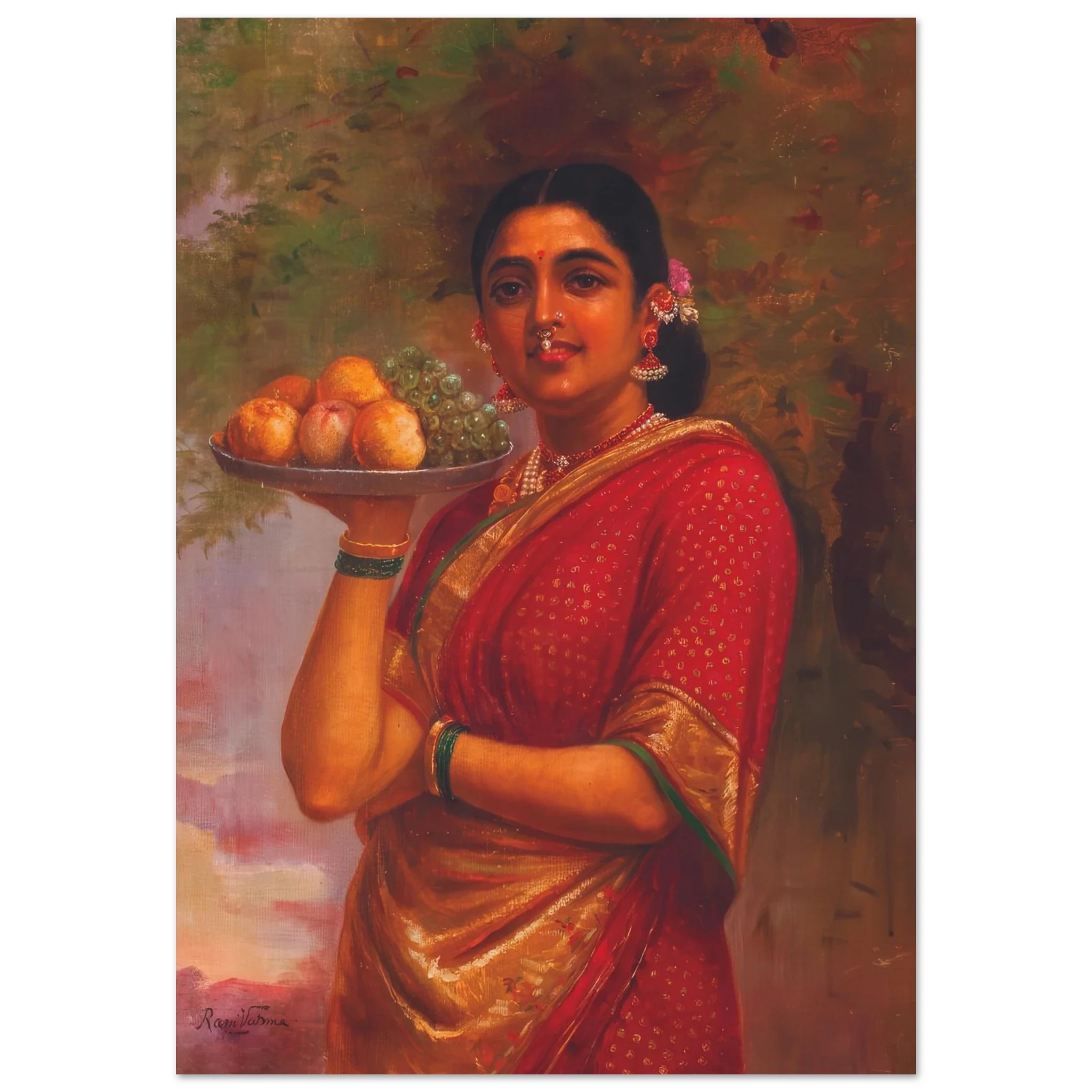 Painting of a Maharashtrian woman in red saree holding a plate of fruits, adorned with jewelry