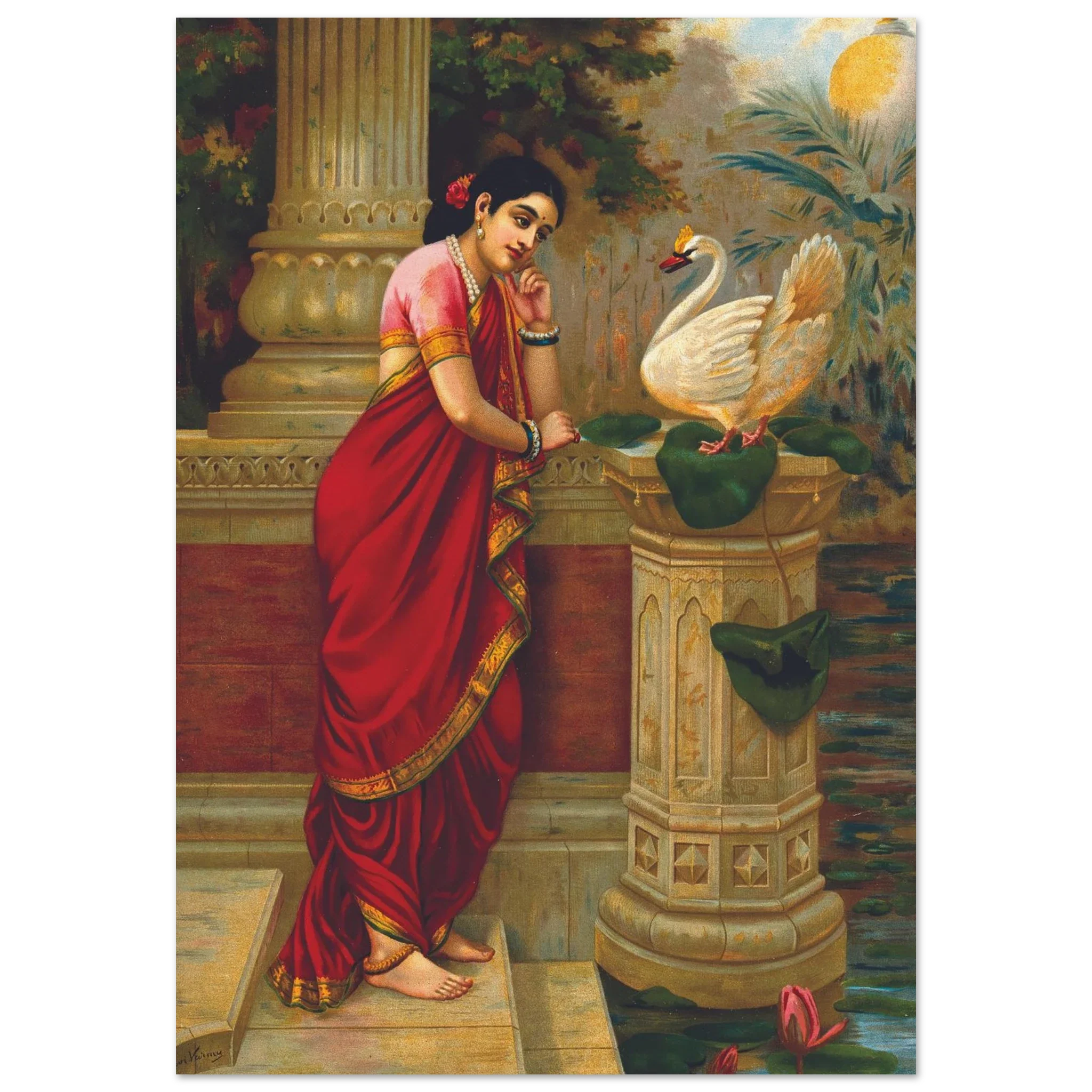 Painting of Princess Damayanti listening to a swan perched on a lotus pedestal, palace terrace behind