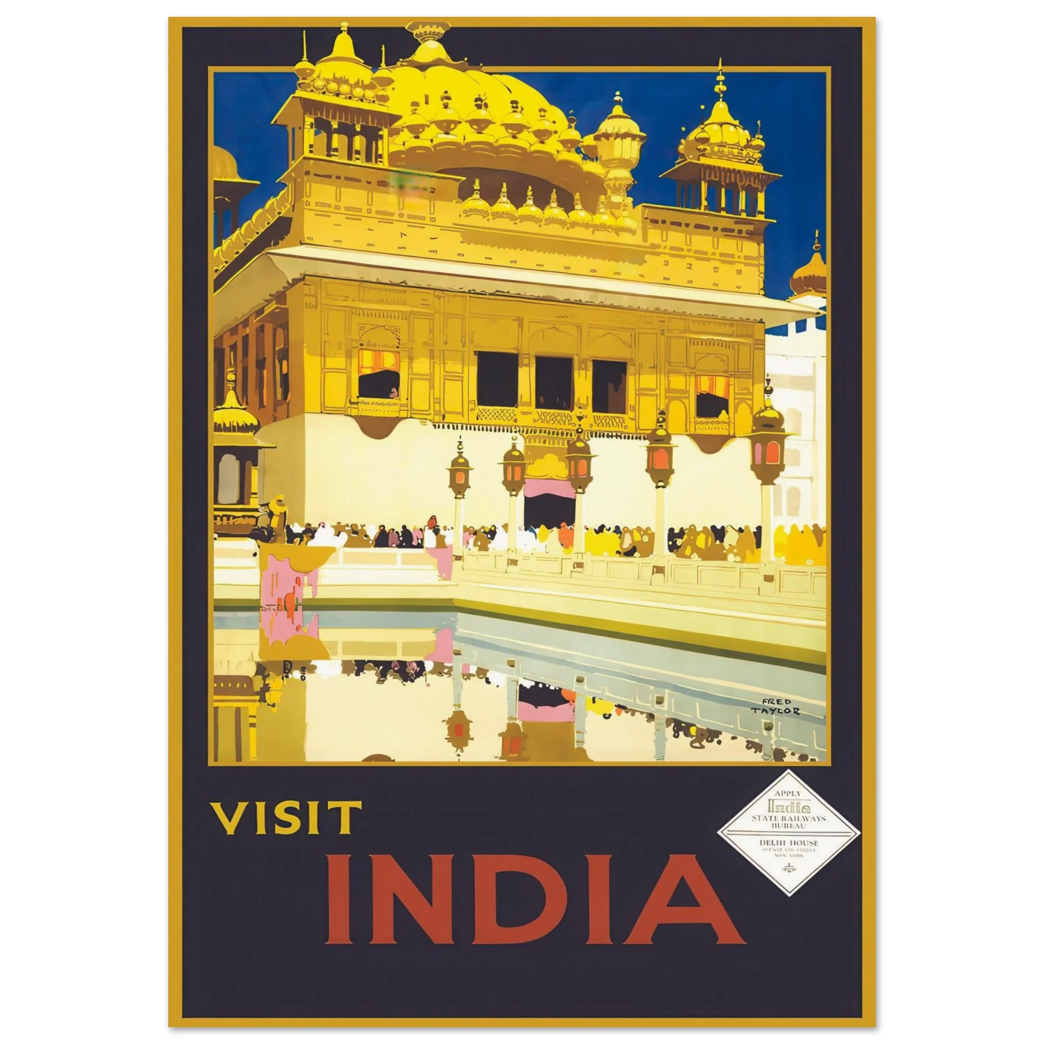 Vintage travel poster of the Golden Temple in India with reflection in water and bold yellow tones