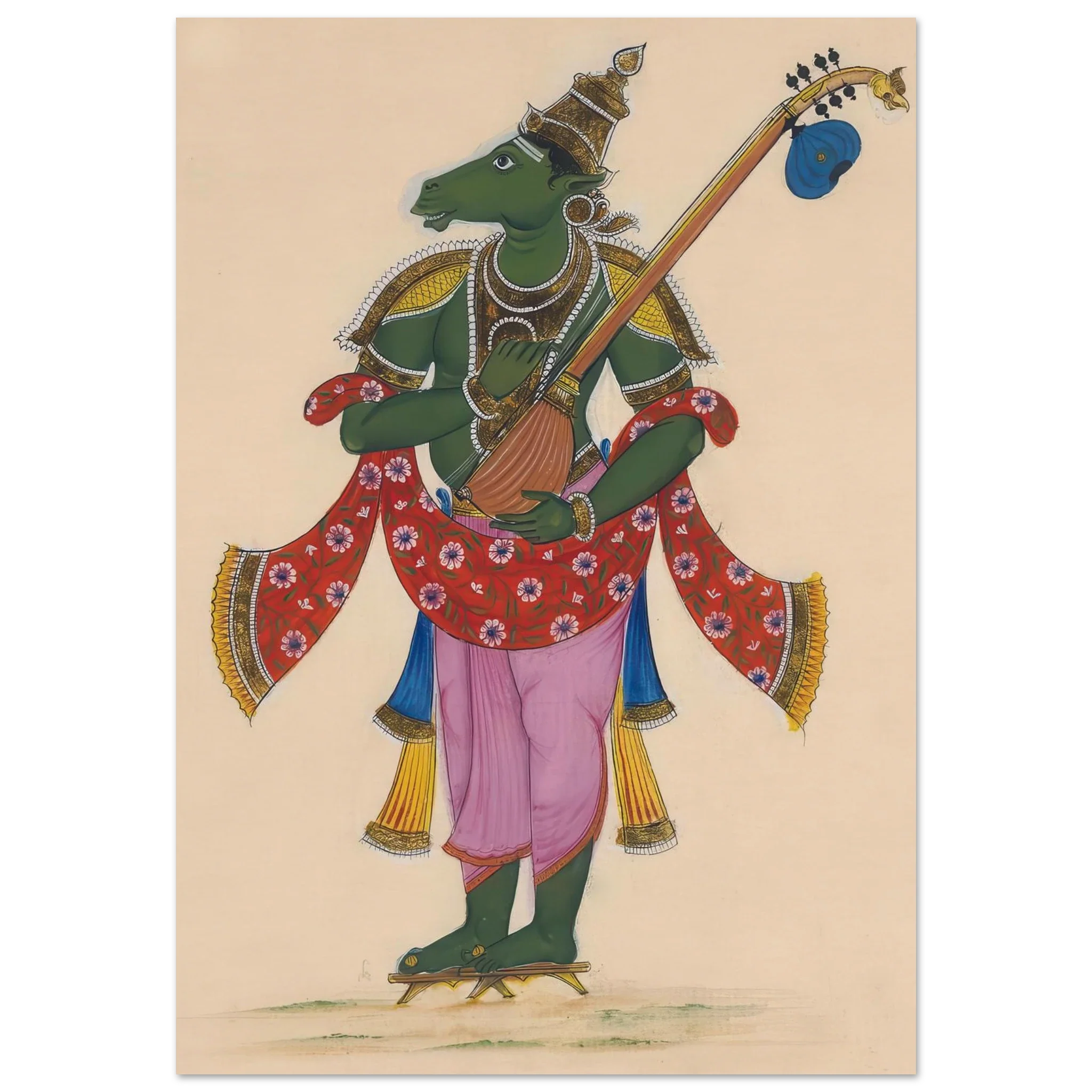 Mythic green humanoid figure with horse-like face playing a guitar, adorned in floral garments