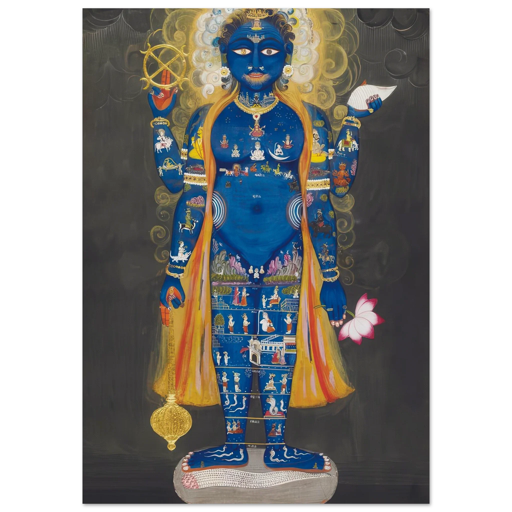 Blue cosmic Vishnu with detailed miniature scenes across his body