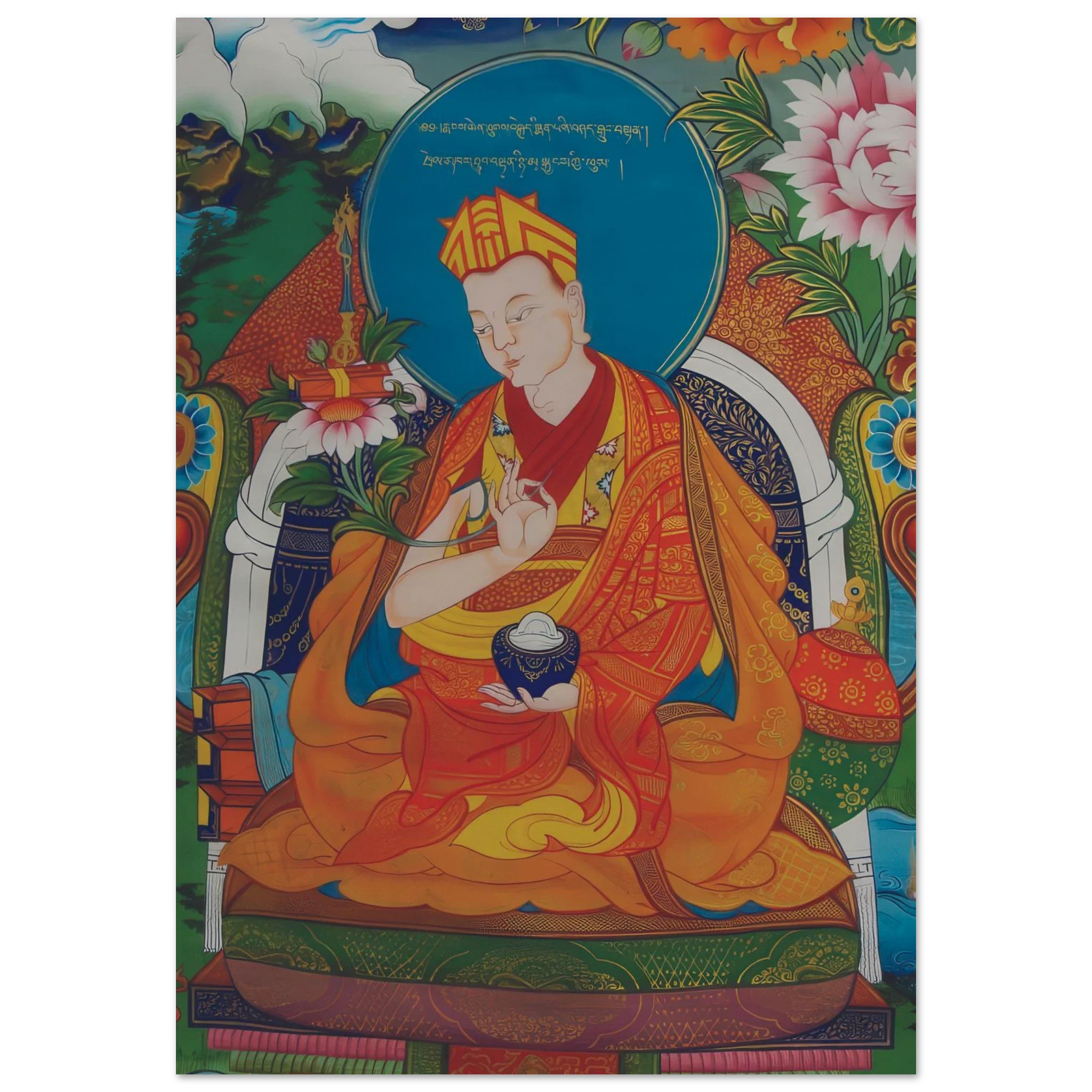 Thangka painting of a Buddhist teacher in colorful robes holding a bowl and lotus