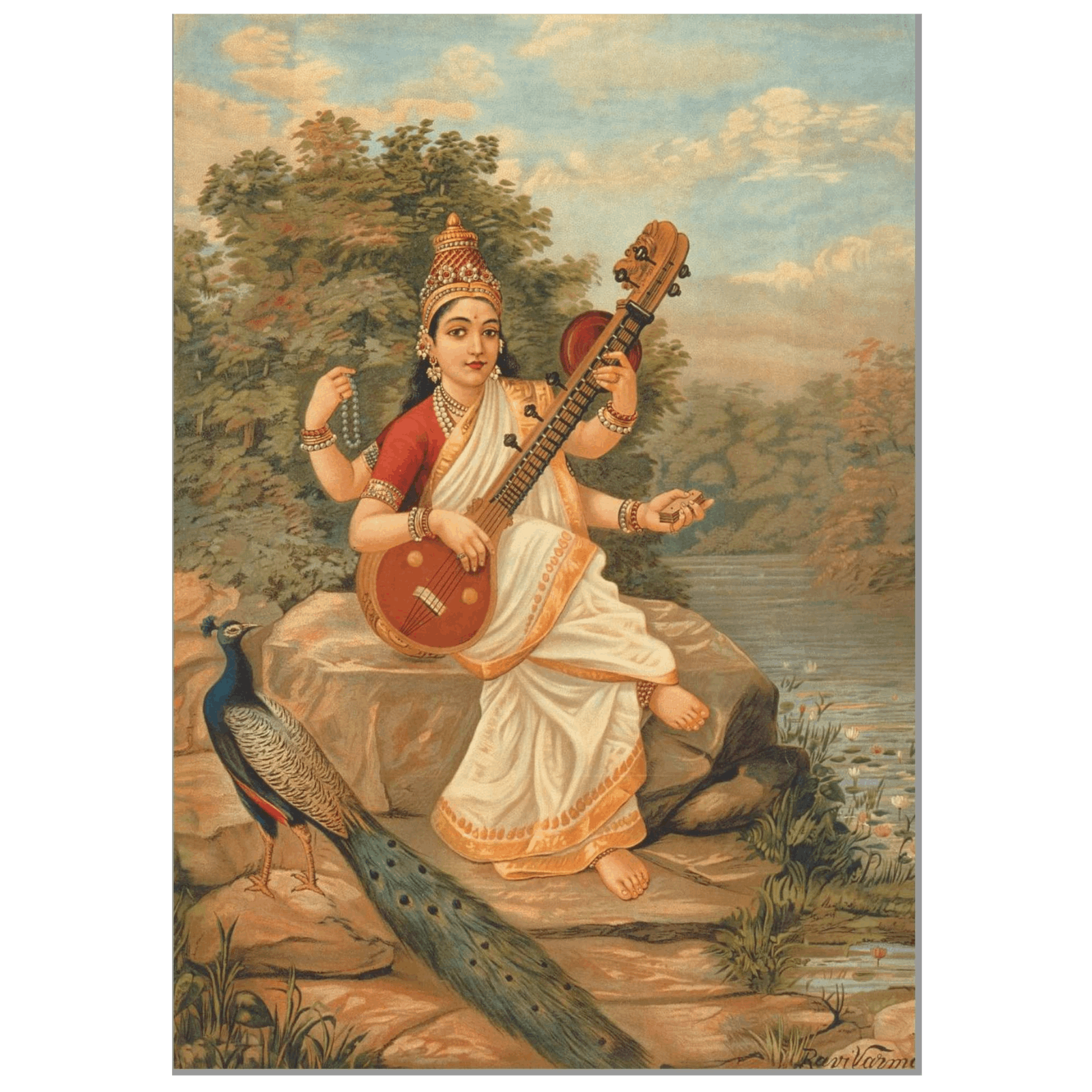 Color painting of Goddess Sarasvati playing sitar beside a river with a peacock.