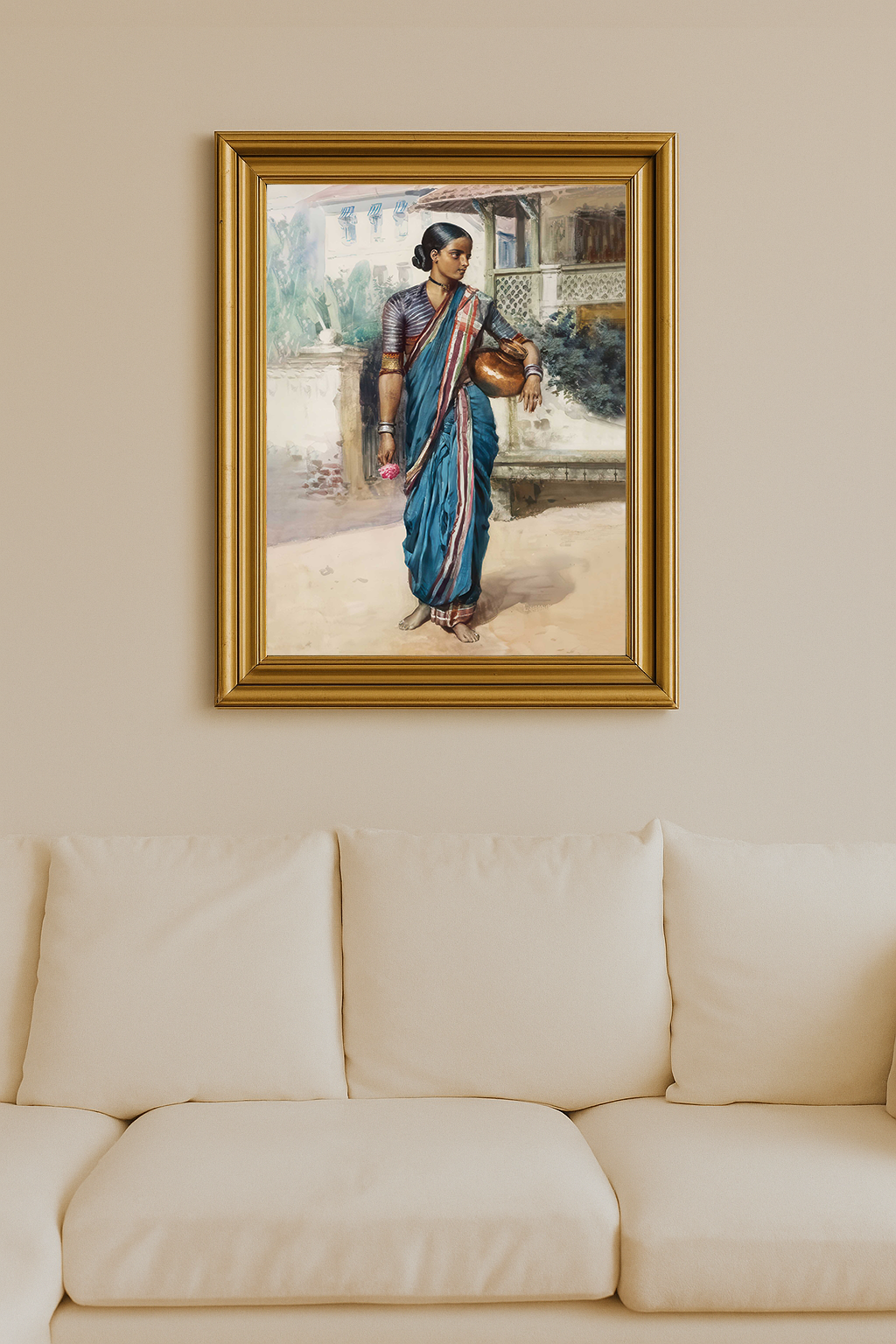 A village girl in a blue sari holding a copper pot and pink flower, standing barefoot near a house