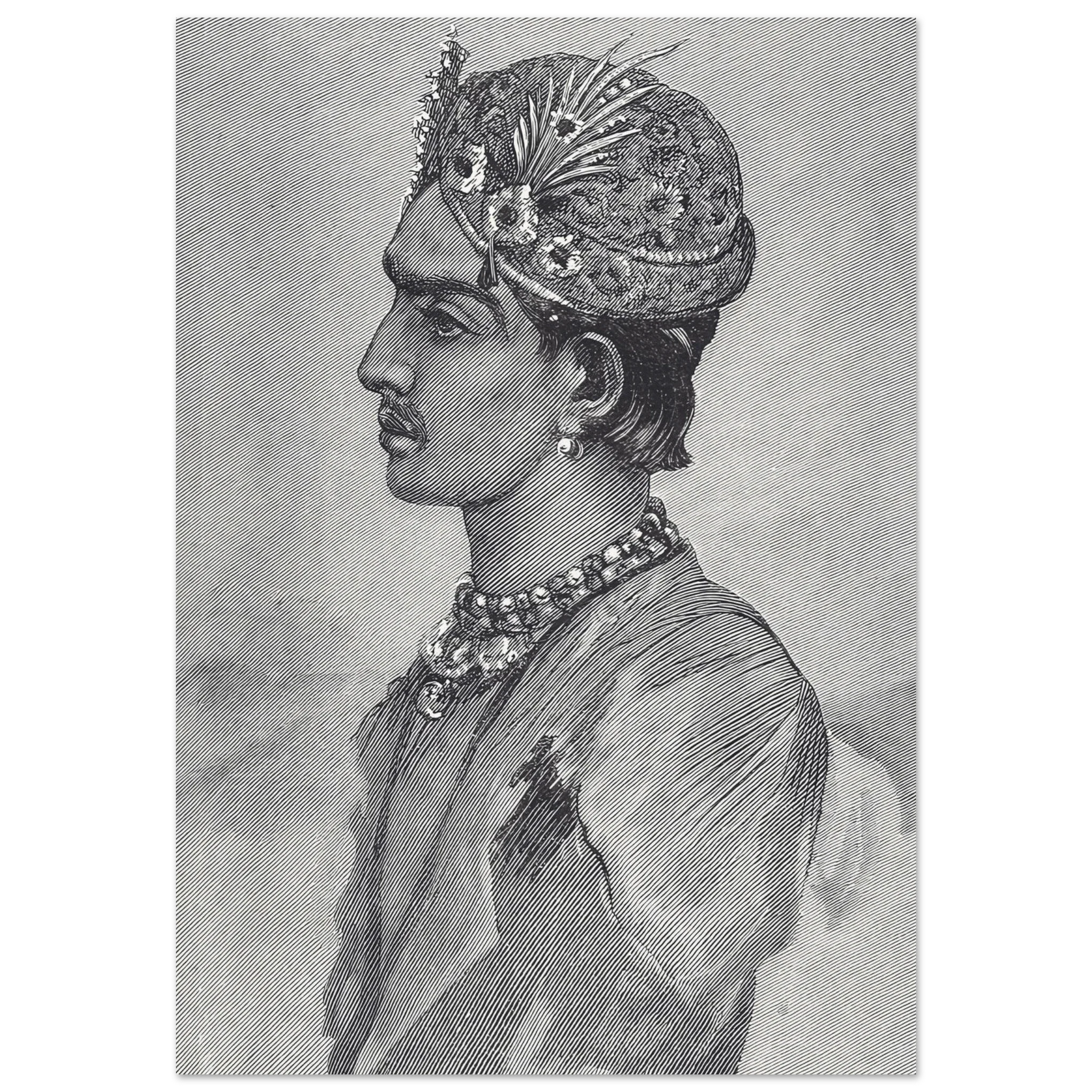Portrait engraving of Mangol Sing, Rajah of Ulwar, in profile, wearing royal attire and feathered turban