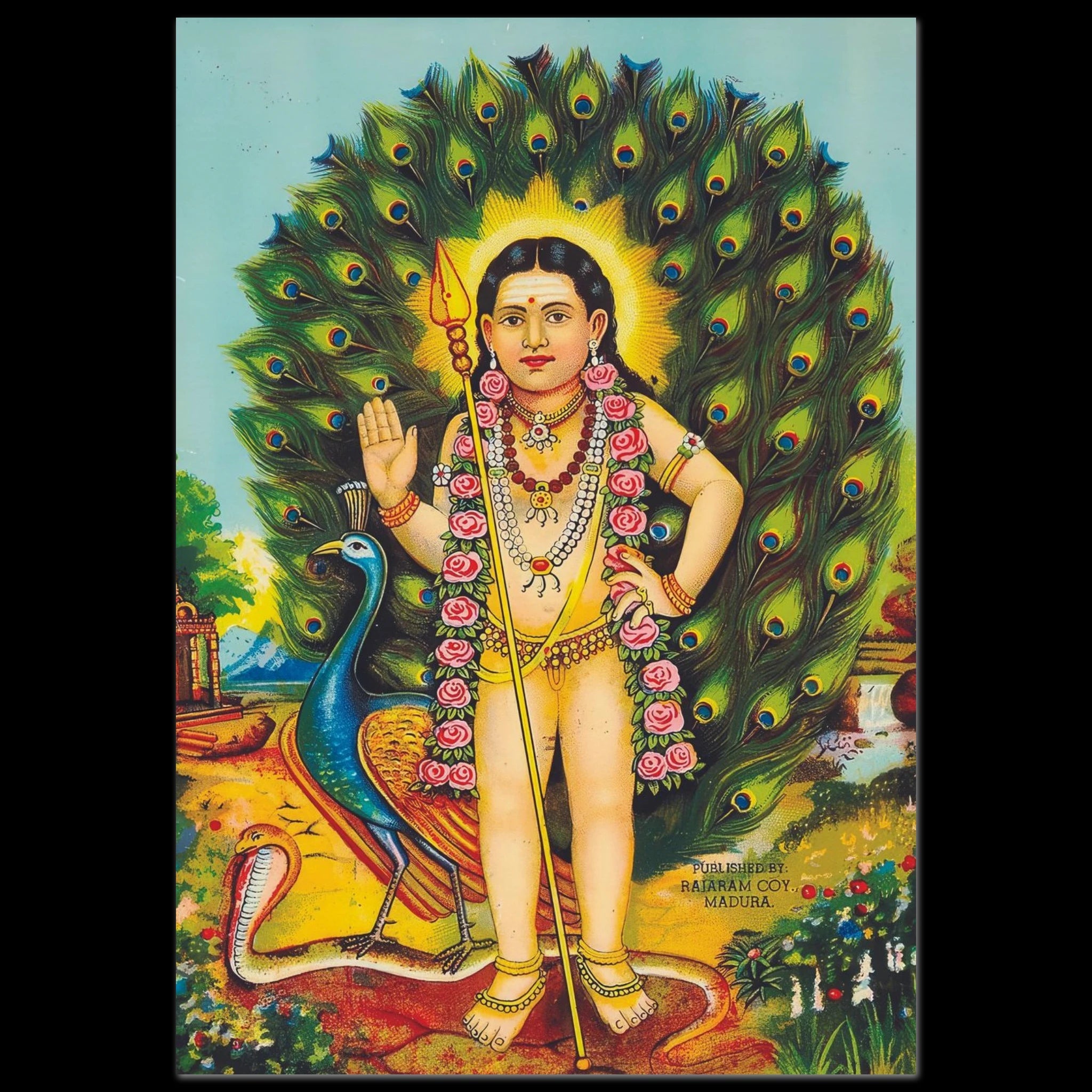 Chromolithograph of young Murugan, peacock fan and cobra at feet.
