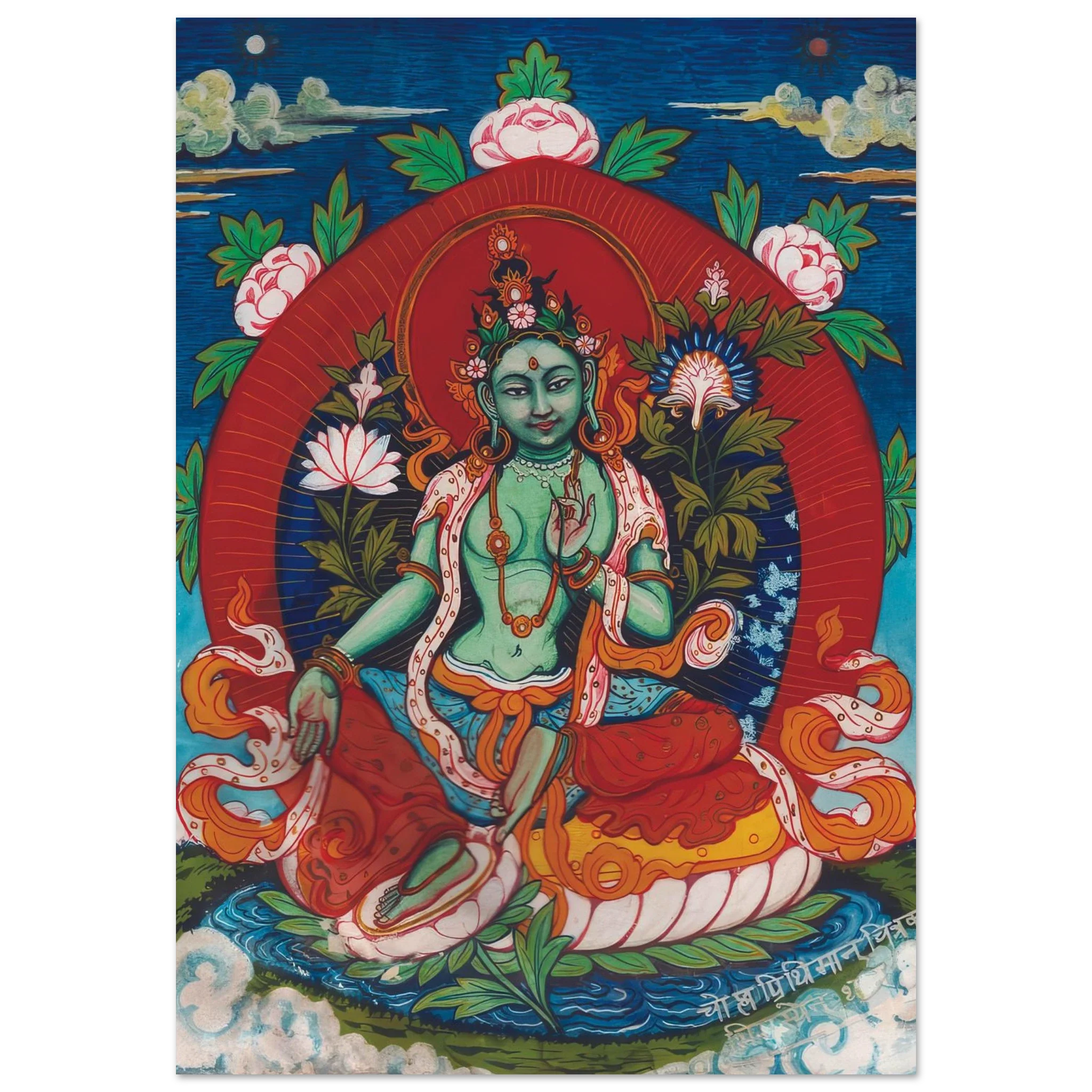 Green Tara with lotus flowers, seated gracefully in vibrant sacred surroundings