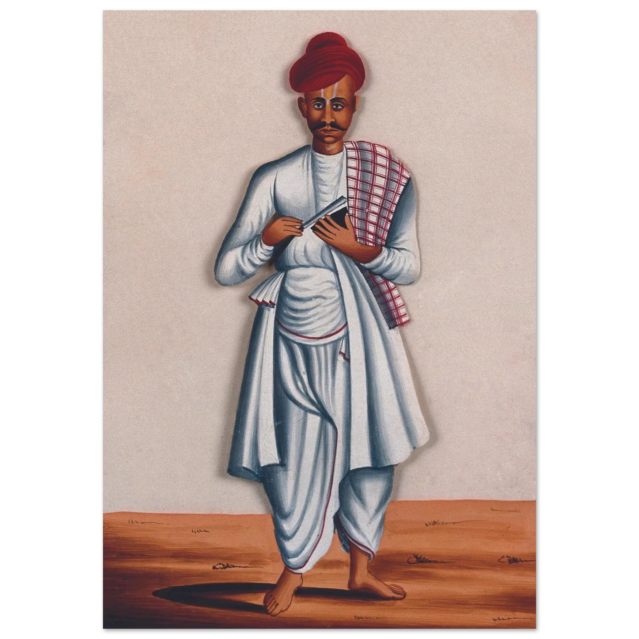 Traditional Indian barber with knife, wearing white attire and red turban, standing barefoot