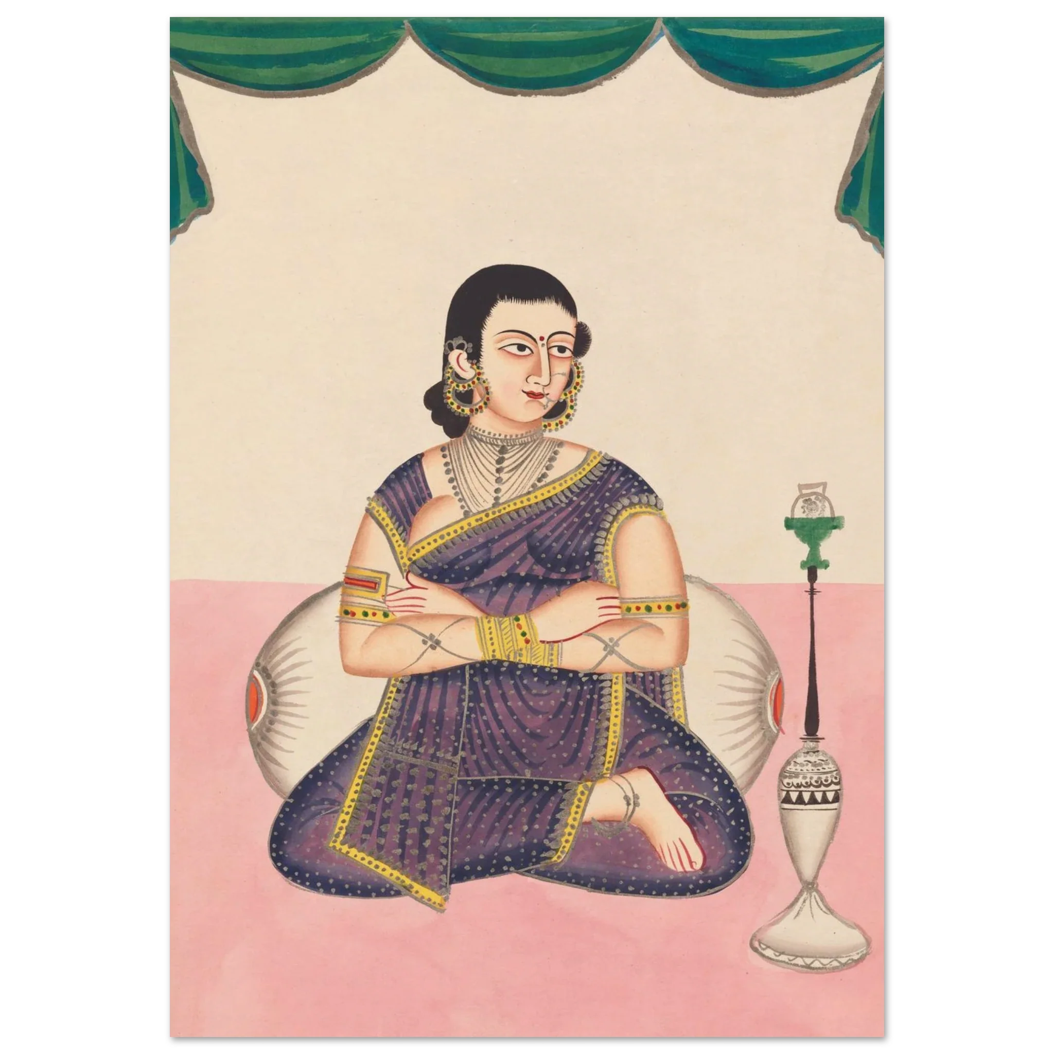 Indian woman in purple sari seated cross-legged with folded arms, adorned in jewelry, beside a traditional hookah, under ceremonial green drapery.