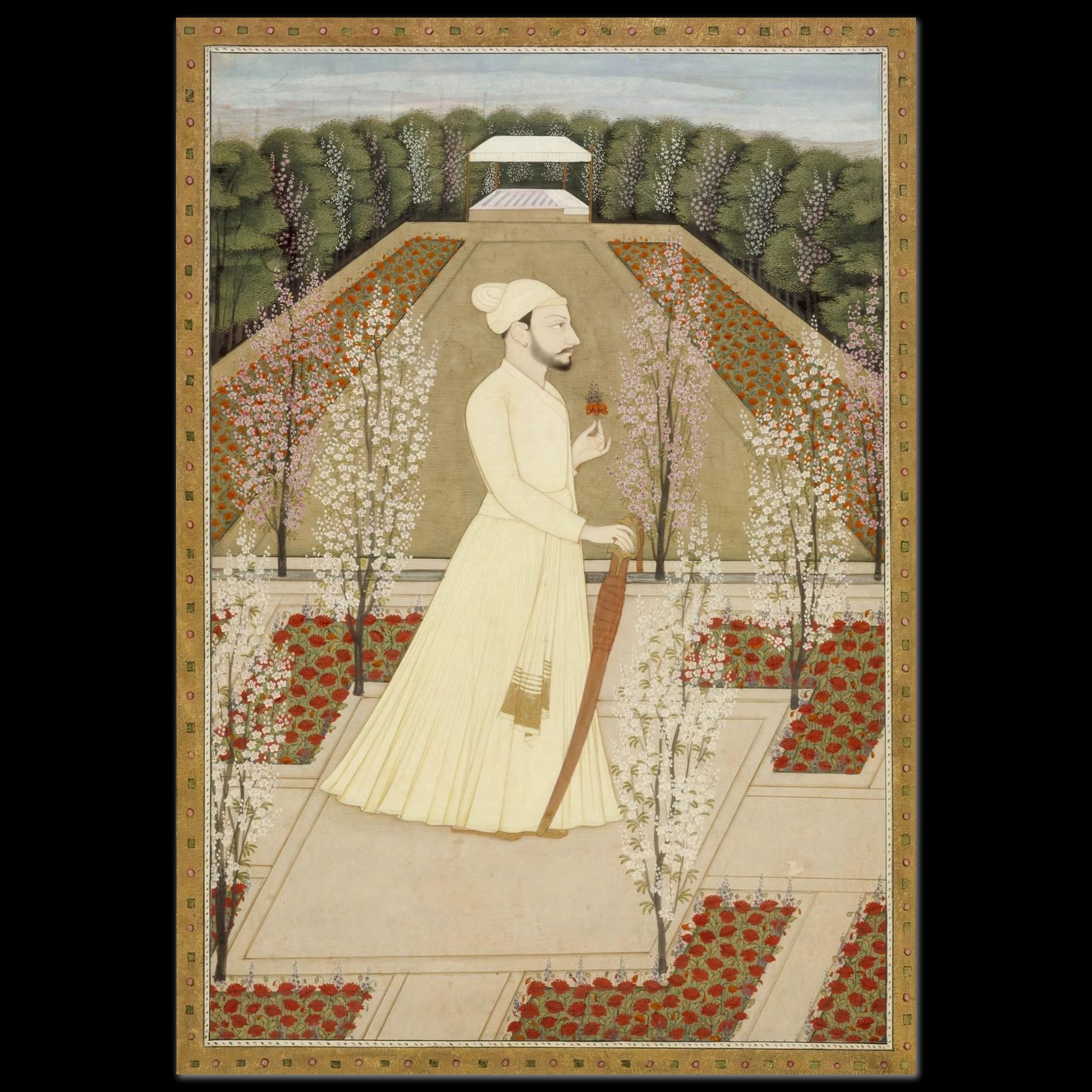 Basohli miniature of Raja Amrit Pal walking in a garden, holding a flower.