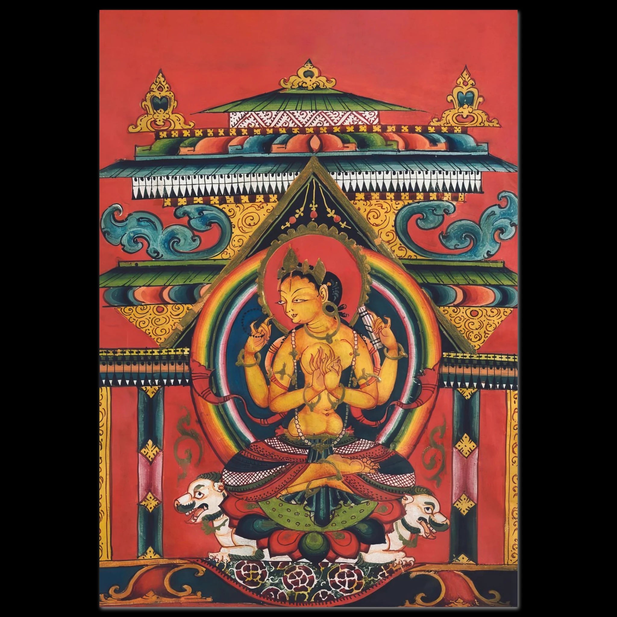 Buddhist thangka of Prajnaparamita on lotus throne with mandala background.