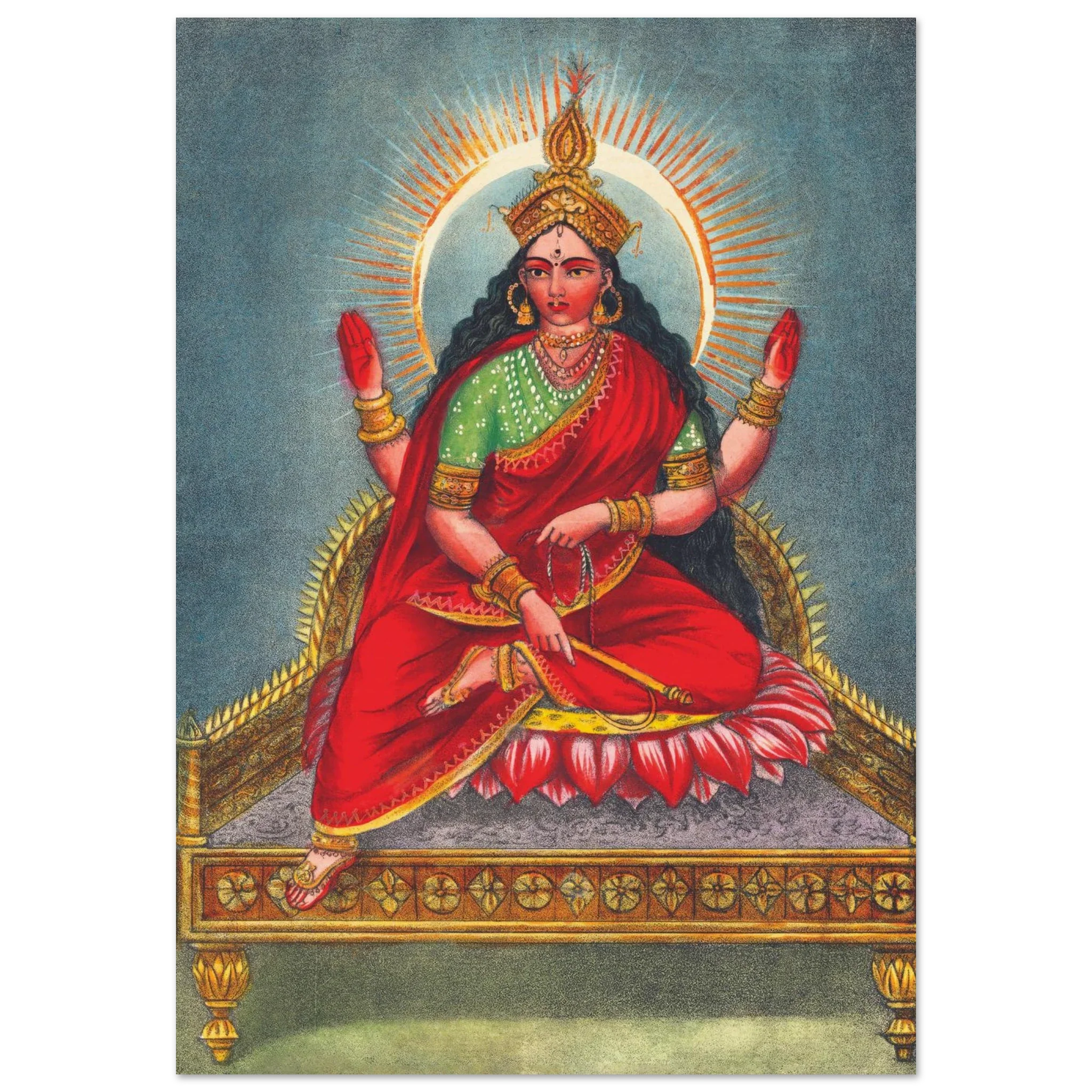 Painting of Goddess Bhuvaneshvari seated on a lotus throne with four arms, halo, and red attire