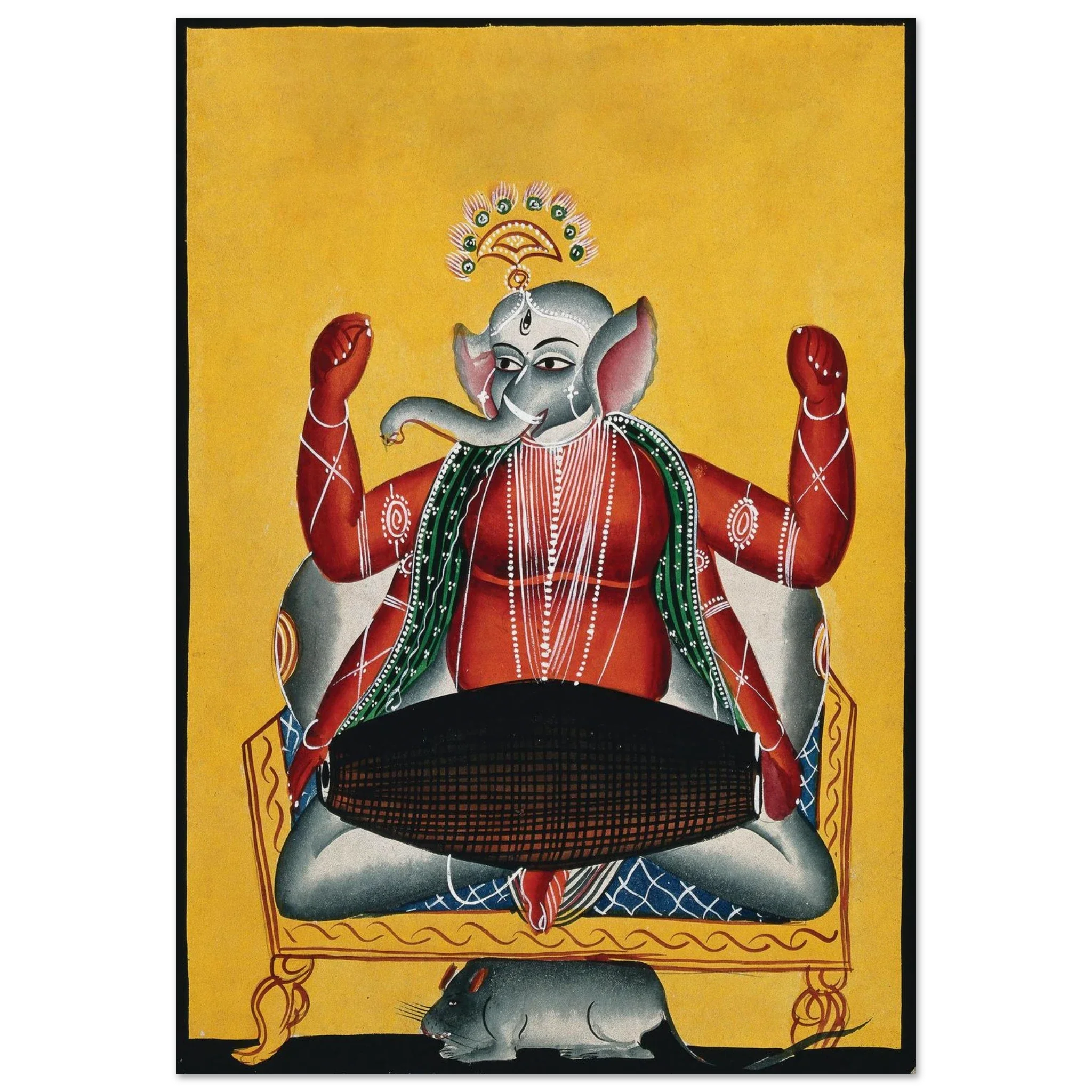 Red-skinned Lord Ganesha playing a dhola drum, seated on a yellow background.