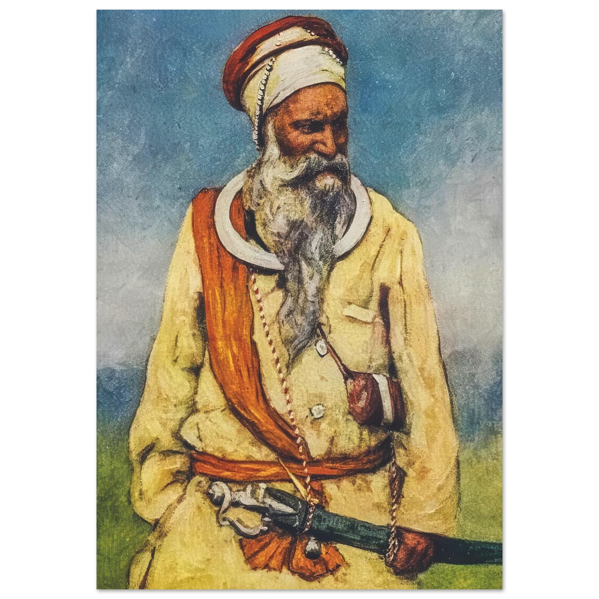 Sikh warrior in traditional attire with sword and turban, standing with noble expression against a faded sky