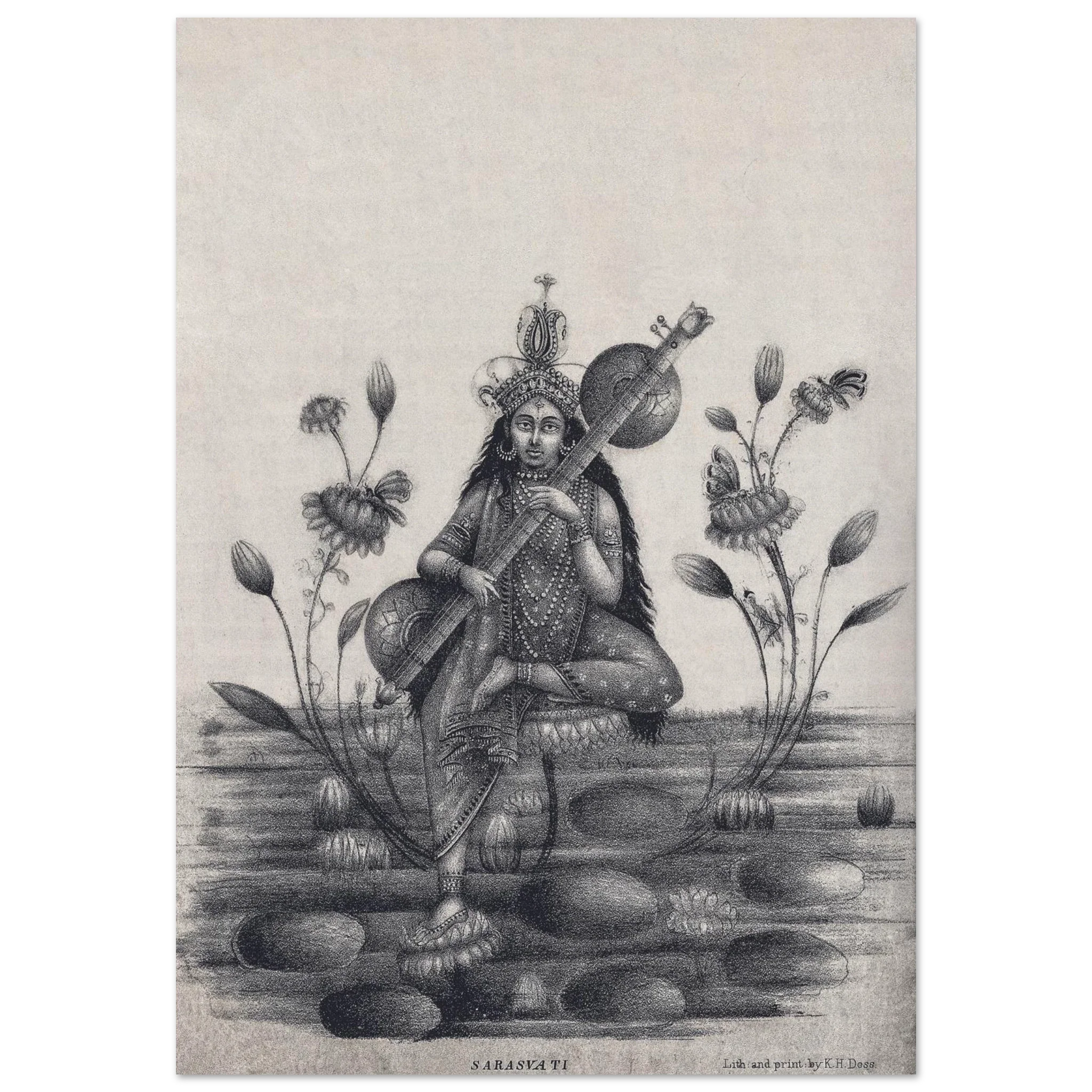 Black-and-white lithograph of Sarasvati on a lotus playing sitar with flowers.