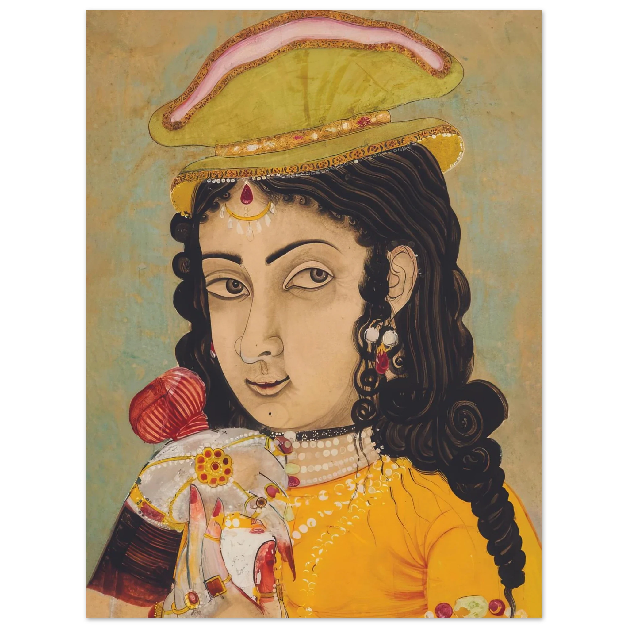 Painting of a European woman in yellow dress holding a bottle and cup, Rajasthani art with ornate jewelry and soft gaze